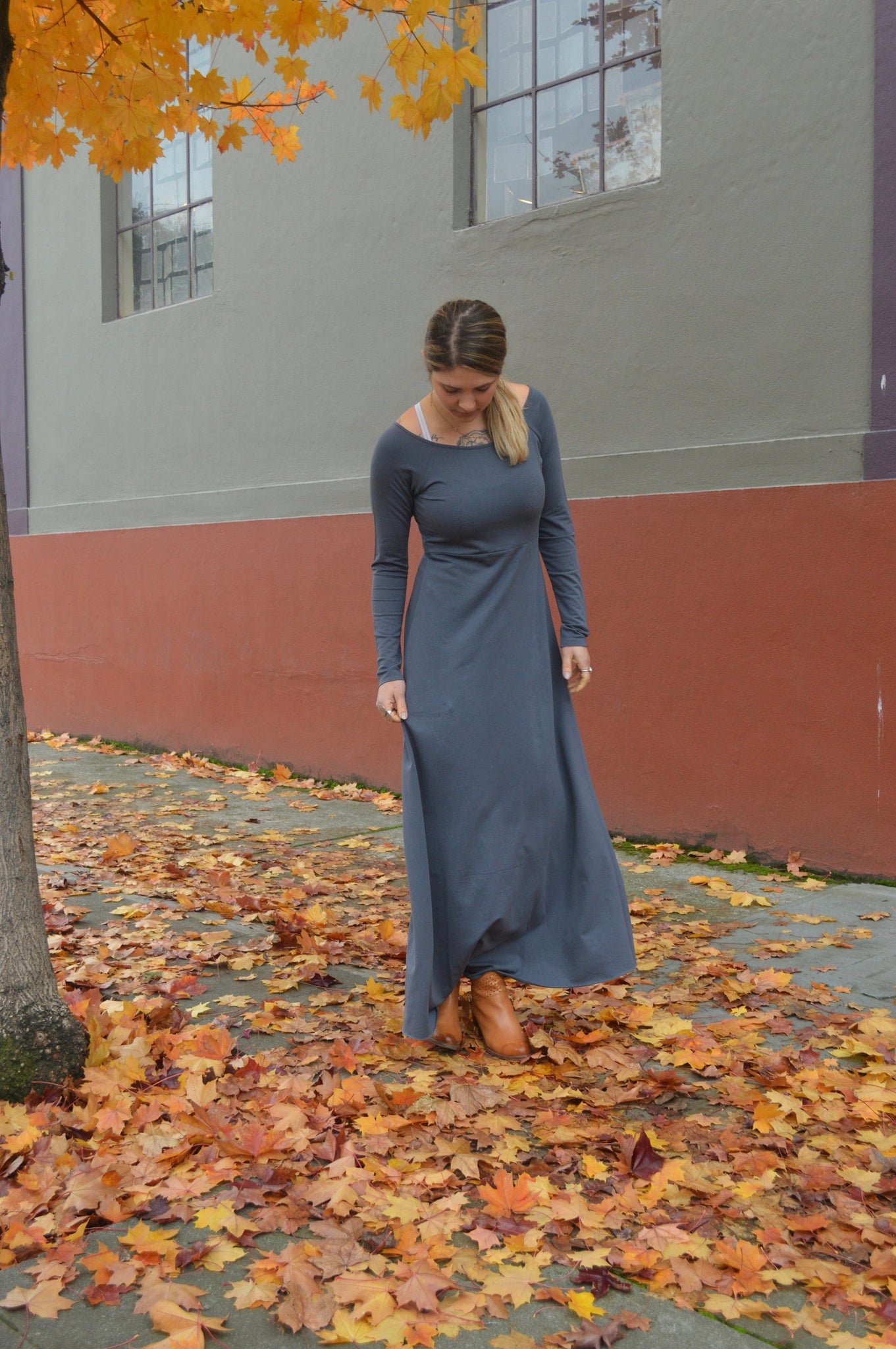 Isabella Dress - Full sleeve organic cotton maxi dress - scoop neck maxi dress