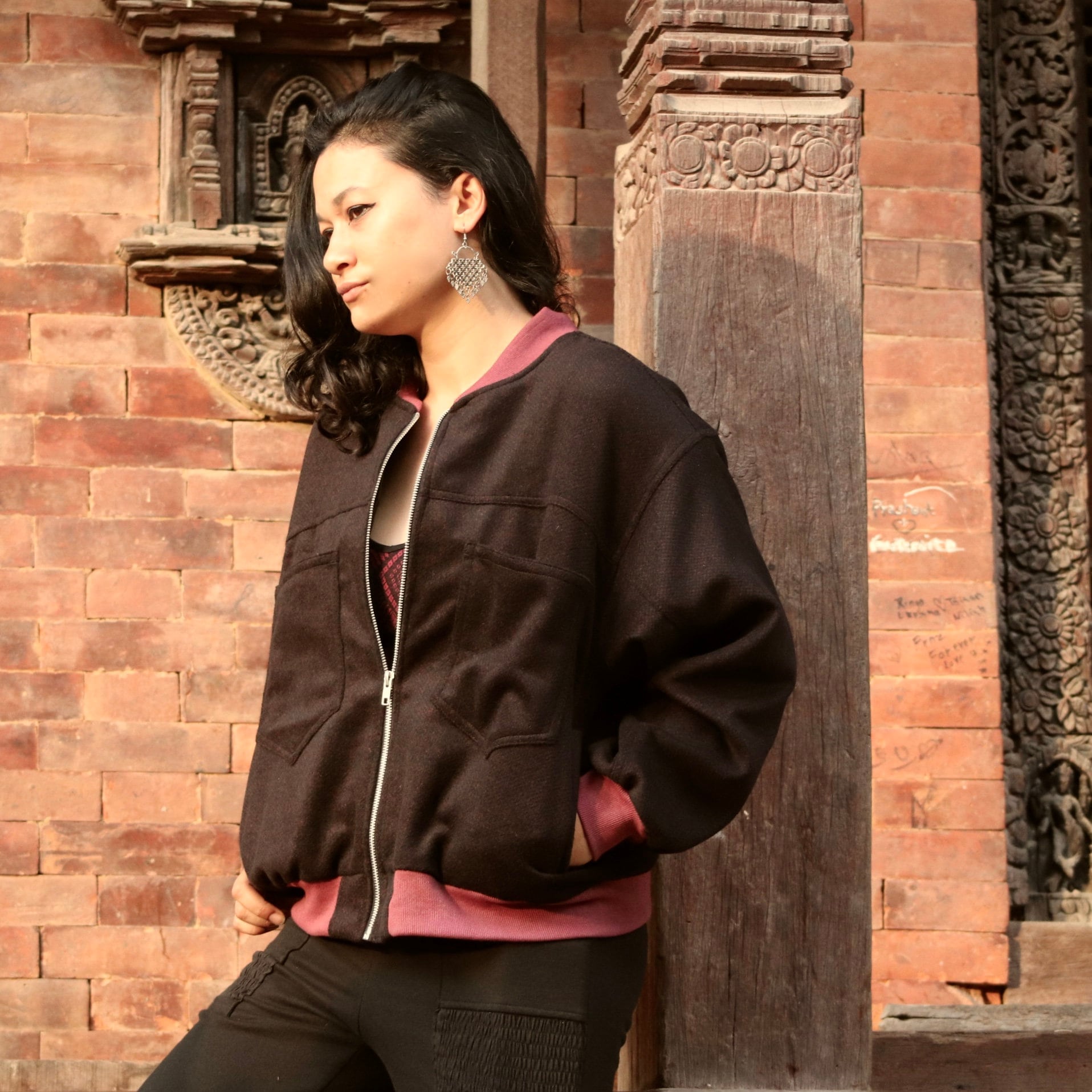 Pranjali Jacket - Fully lined wool jacket with zipper and pockets - wool bomber jacket with patch pockets