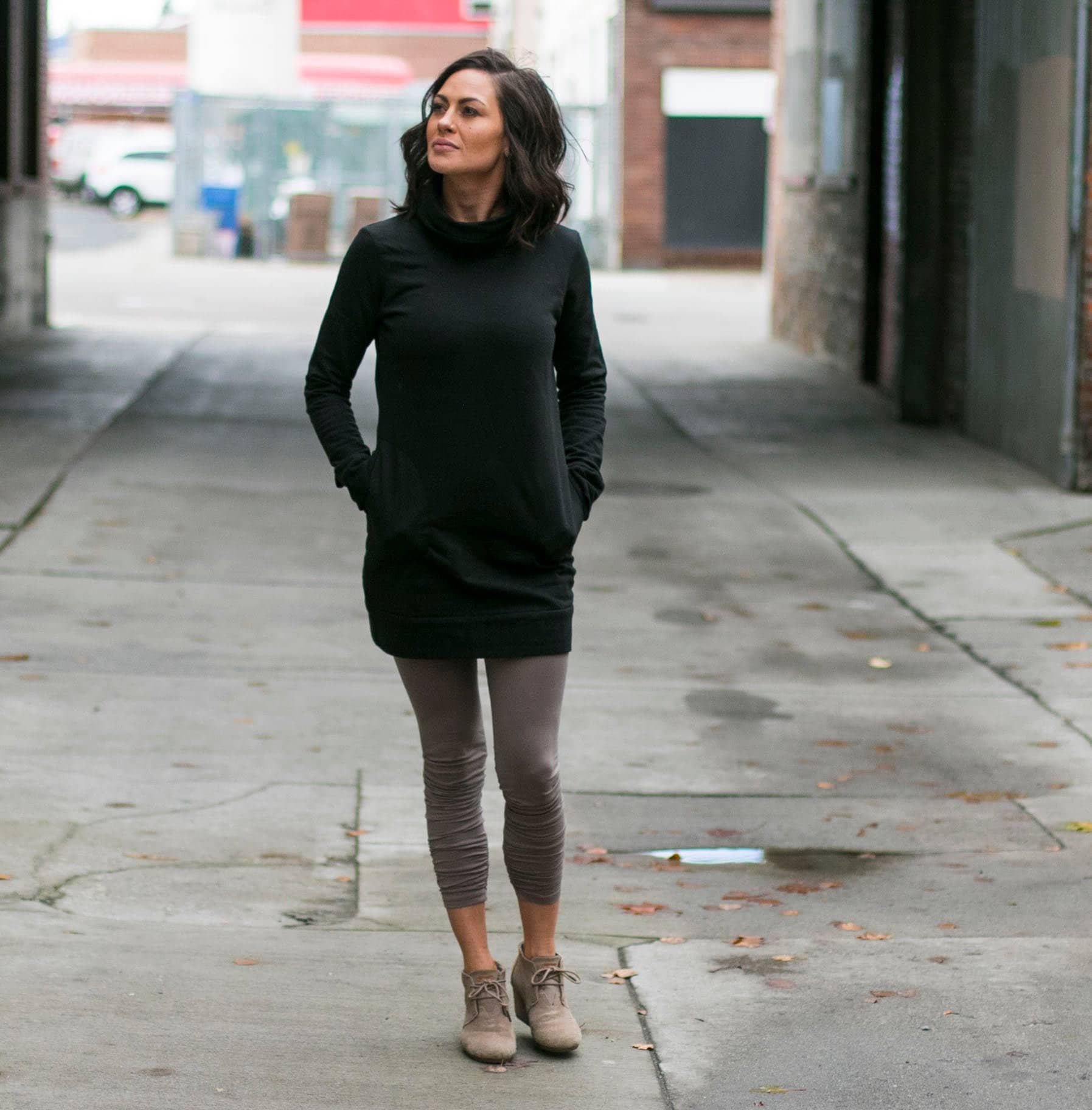 Maya Dress - turtleneck organic cotton fleece tunic dress with pockets - high neck cozy winter dress