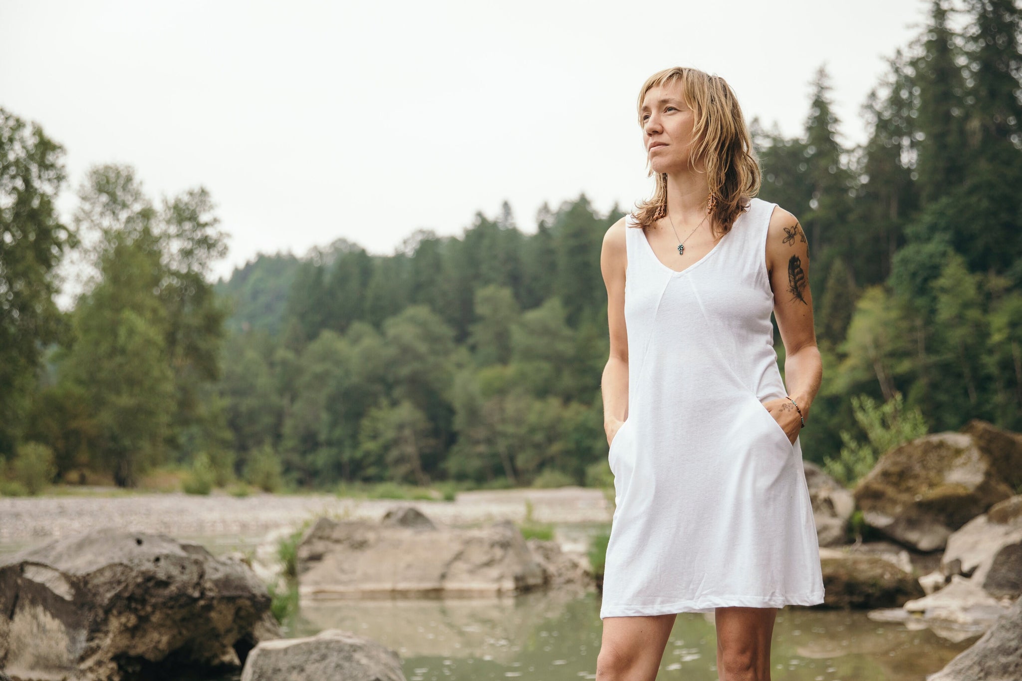 Mariposa Dress - White Linen Jersey V neck Sleeveless Tunic Dress