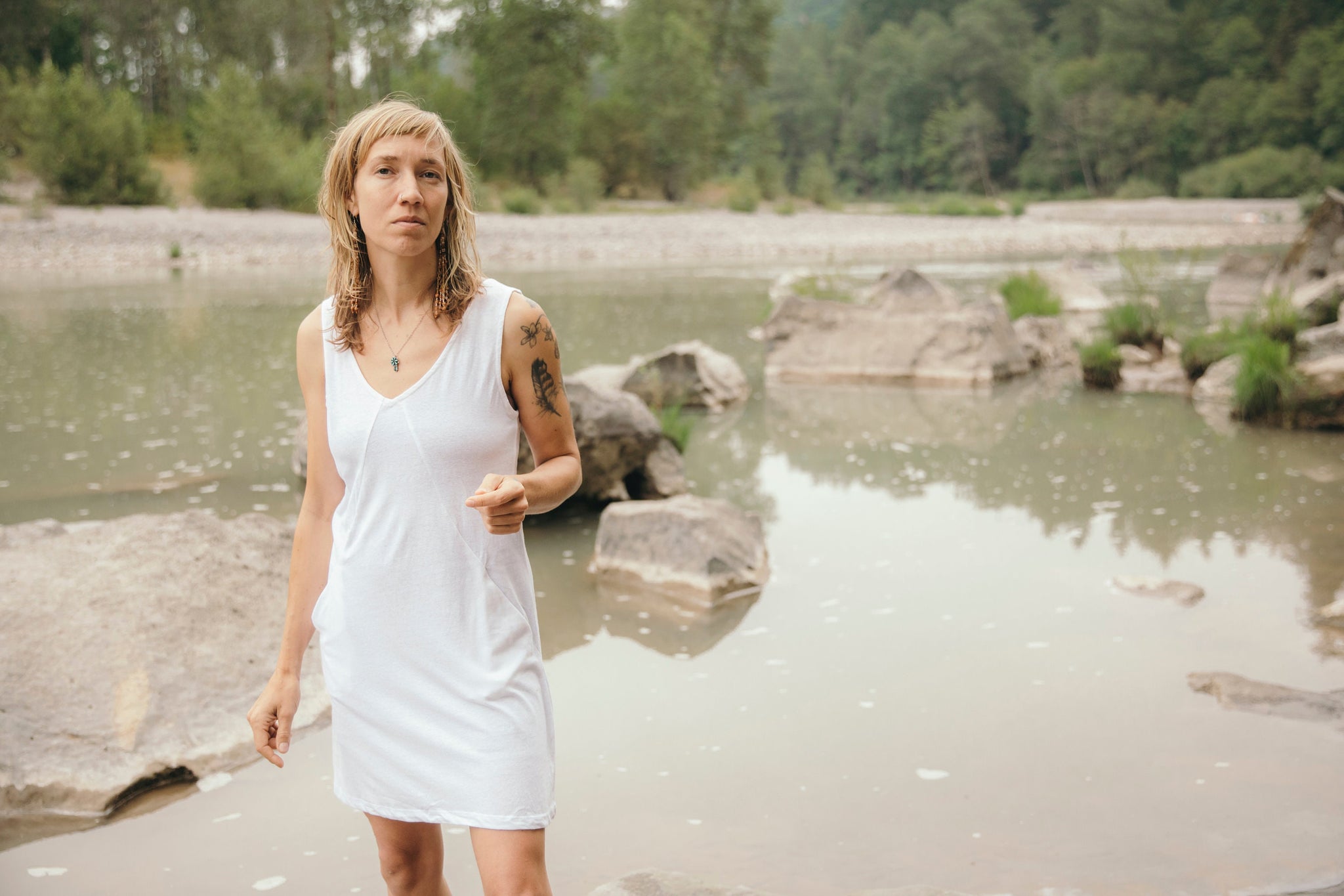 Mariposa Dress - White Linen Jersey V neck Sleeveless Tunic Dress