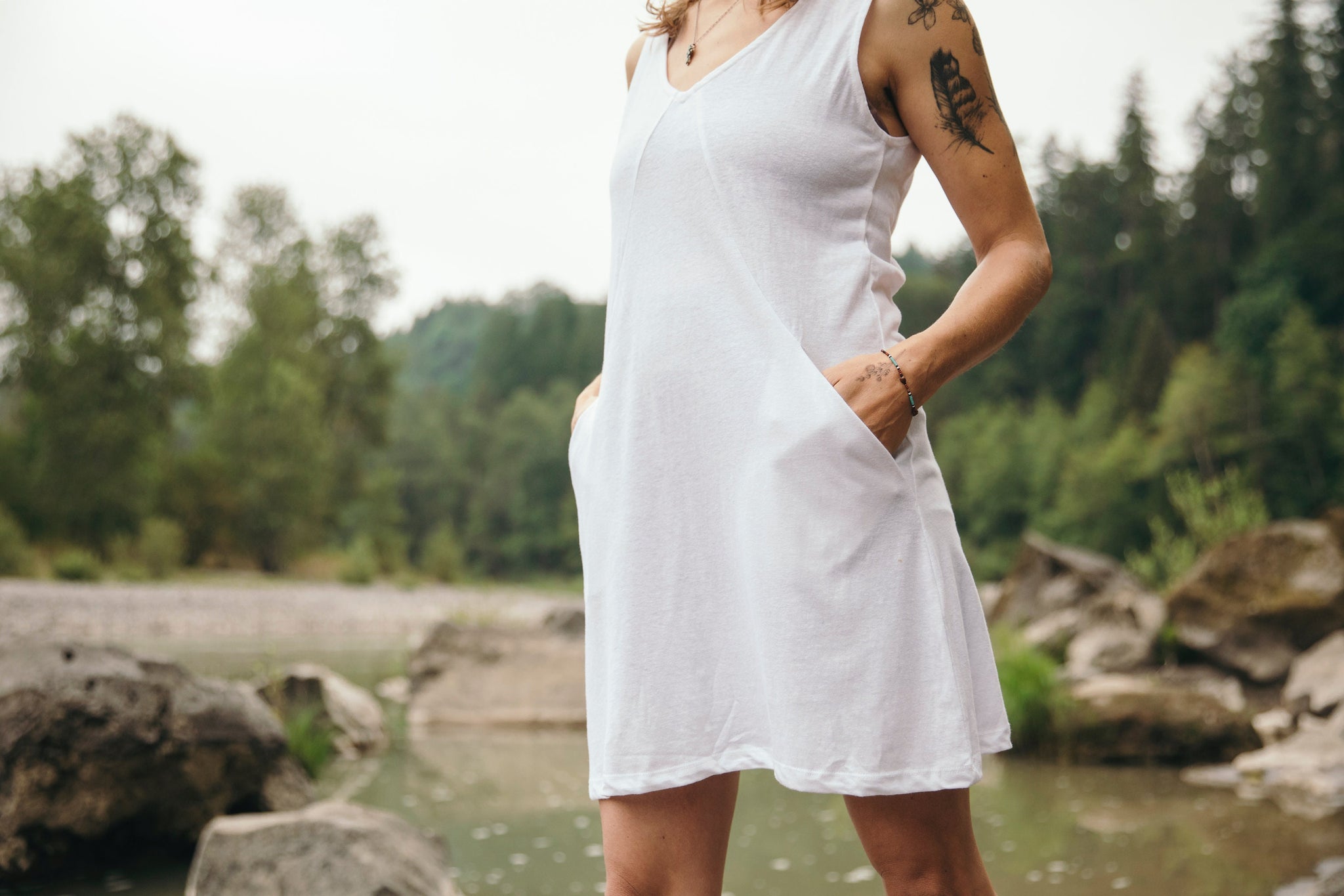Mariposa Dress - White Linen Jersey V neck Sleeveless Tunic Dress