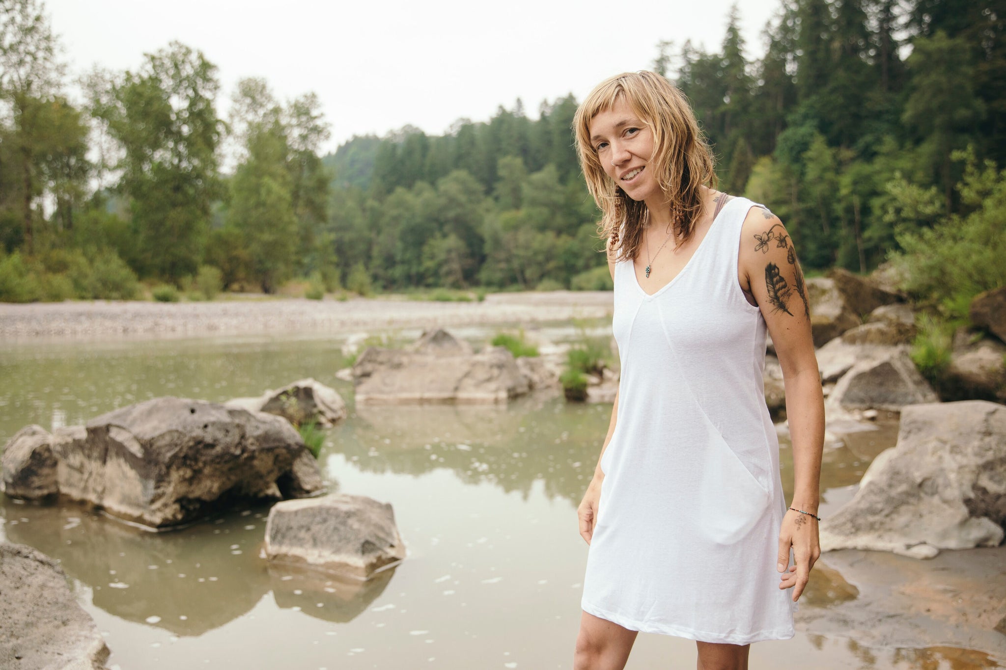 Mariposa Dress - White Linen Jersey V neck Sleeveless Tunic Dress