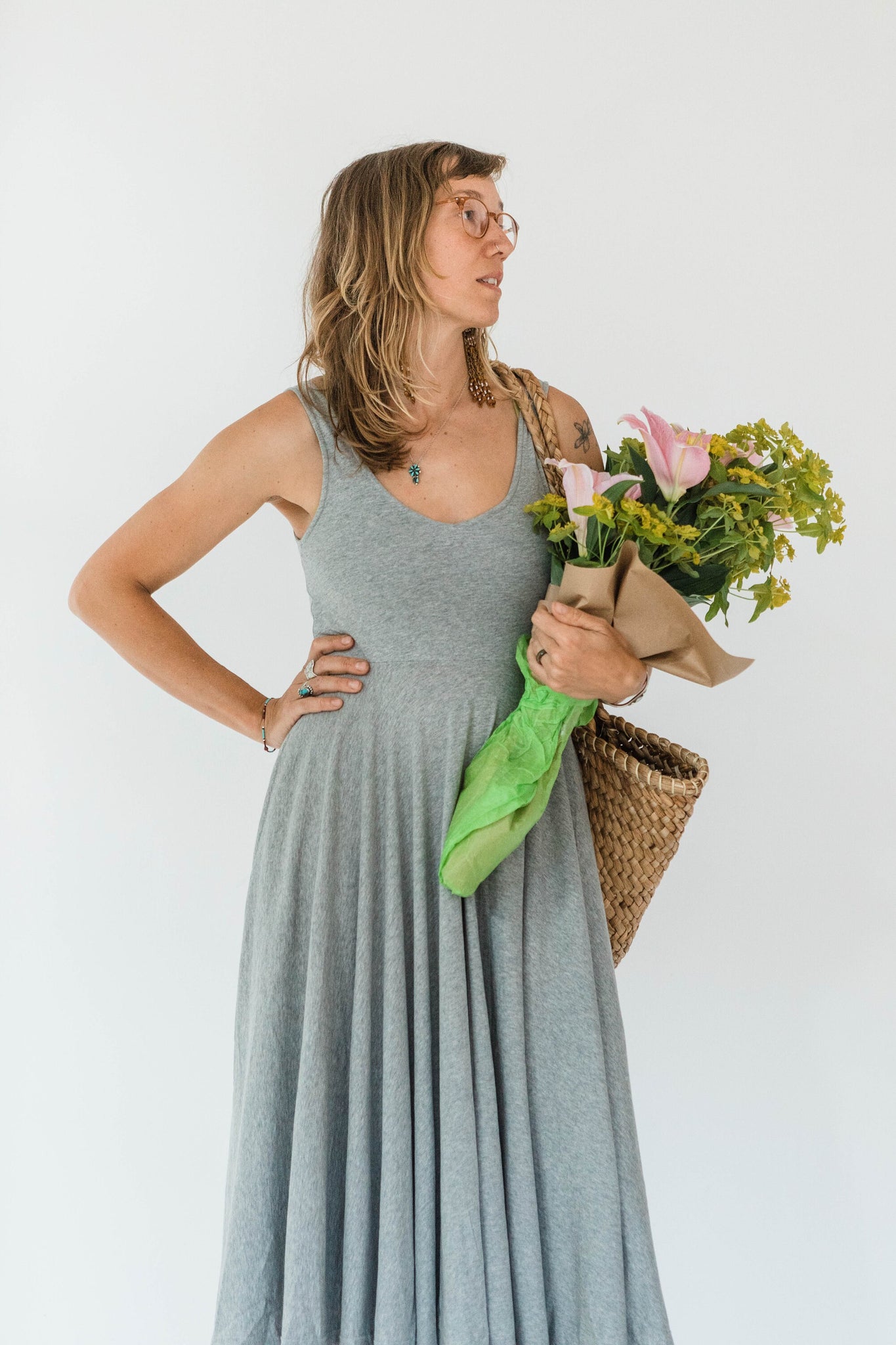 Heather Twirl Dress - v neck sleeveless organic cotton flowy dress with pockets