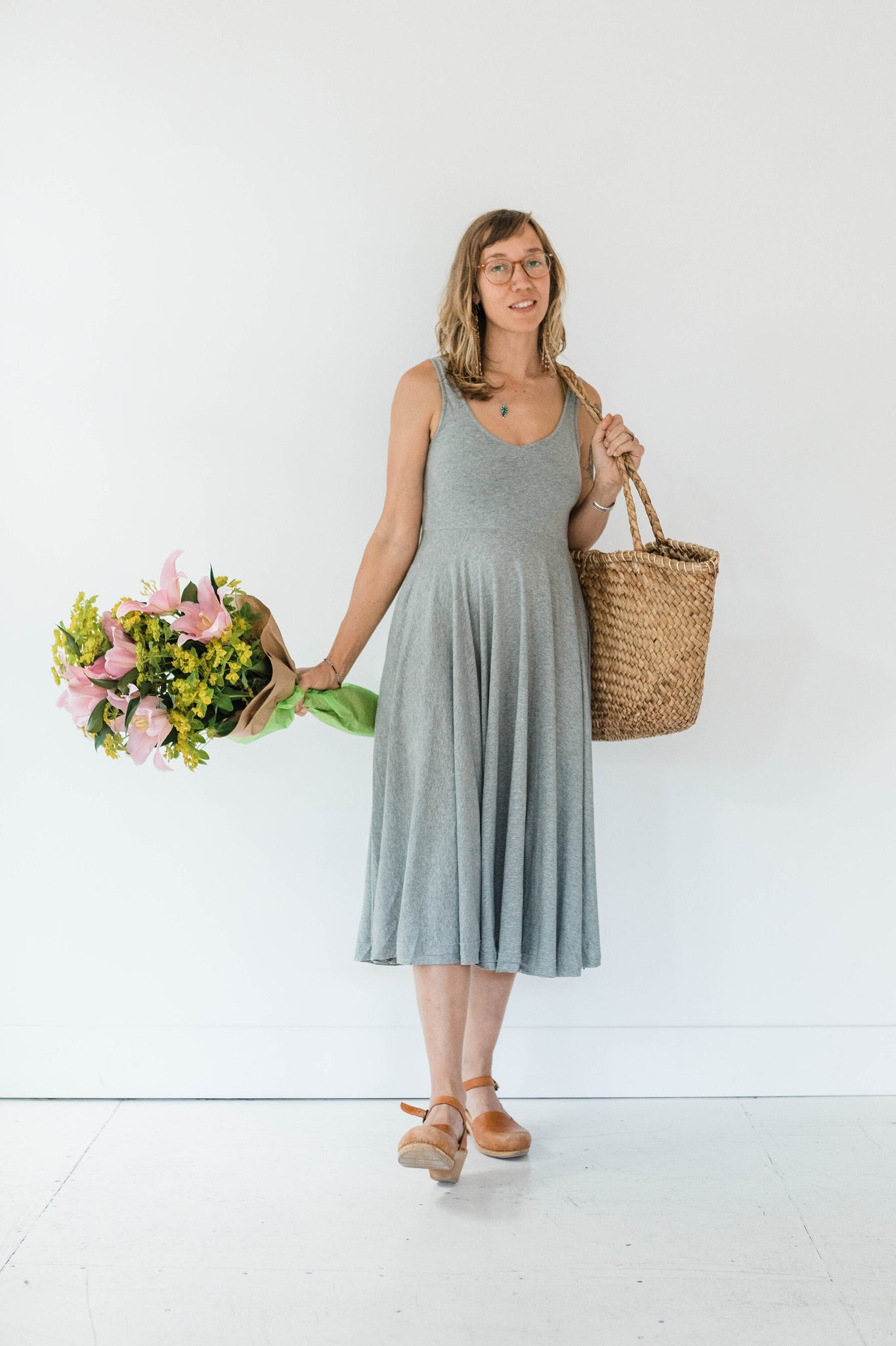 Heather Twirl Dress - v neck sleeveless organic cotton flowy dress with pockets
