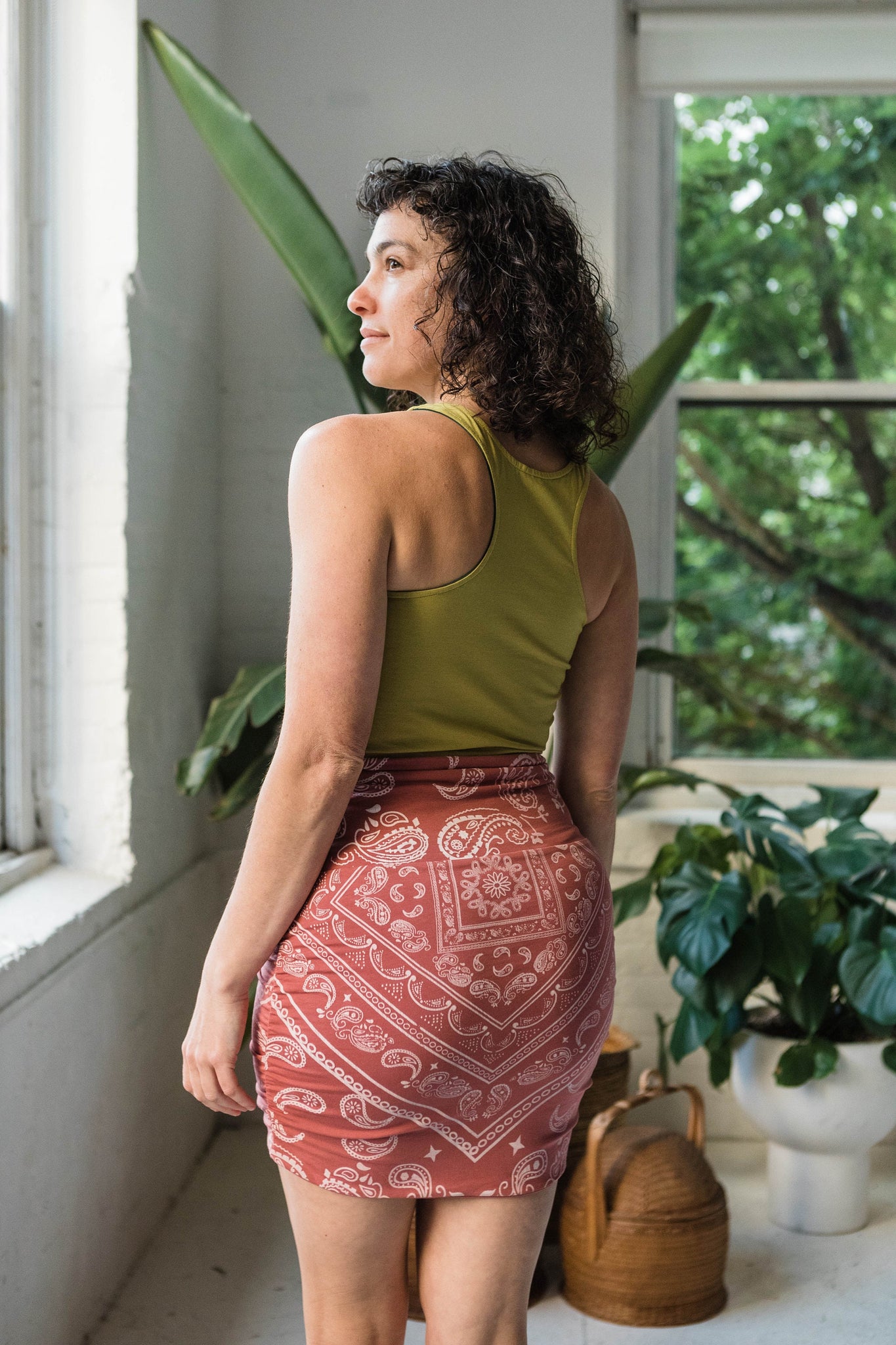 Pink Paisley Printed Mini Skirt - Organic Cotton Ruched Reversible Mini Skirt