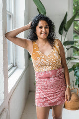 Pink Paisley Printed Mini Skirt - Organic Cotton Ruched Reversible Mini Skirt