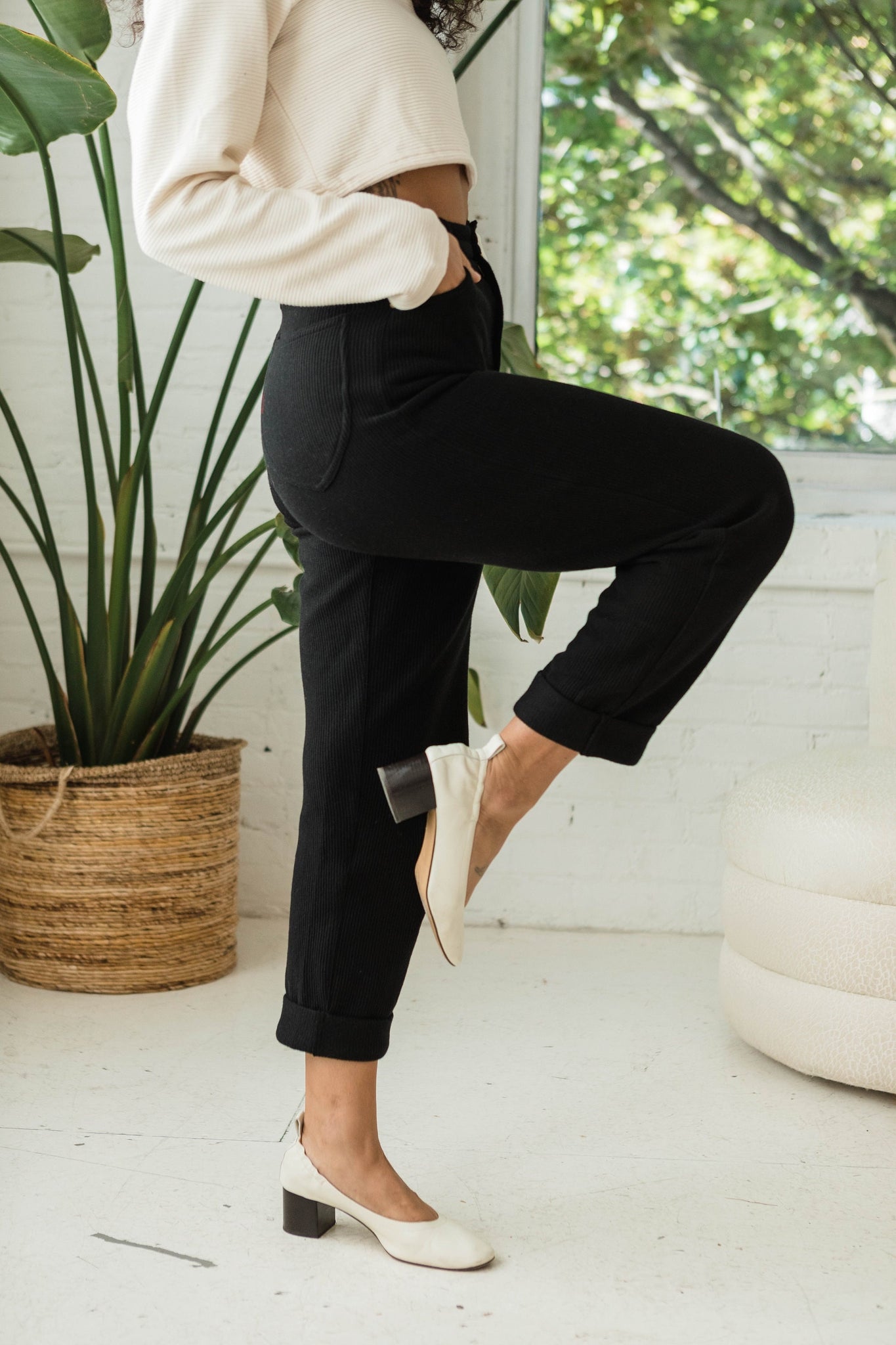 High Rise Corduroy Pants - 100% organic cotton knit corduroy high waisted pants with rolled cuff - pockets