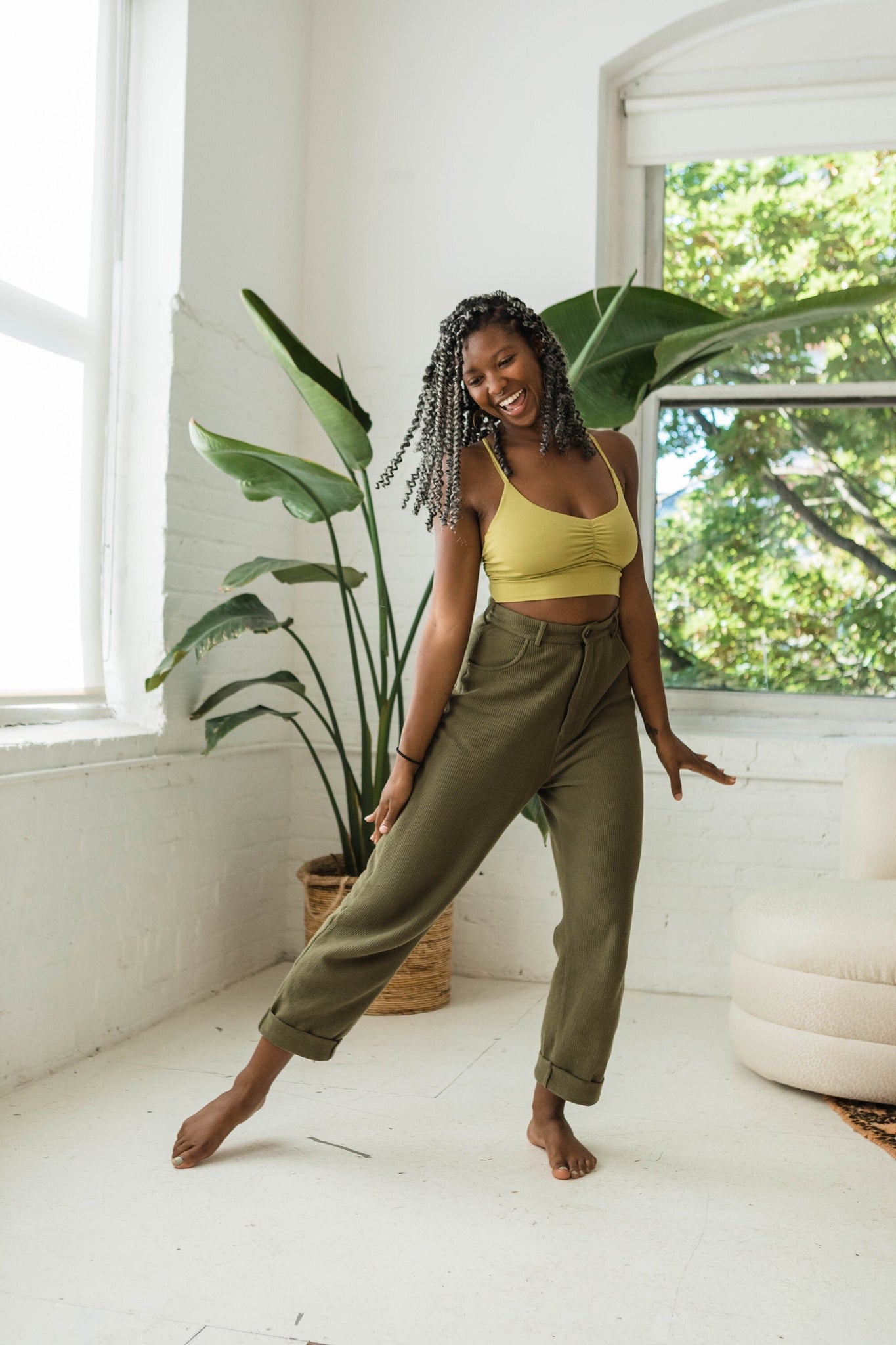 High Rise Corduroy Pants - 100% organic cotton knit corduroy high waisted pants with rolled cuff - pockets