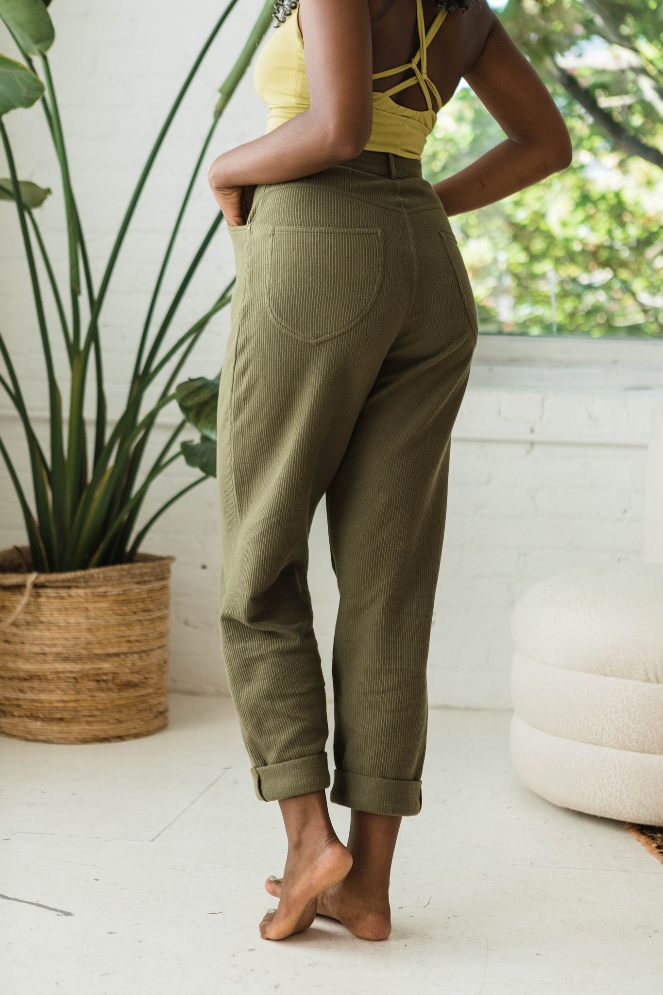 High Rise Corduroy Pants - 100% organic cotton knit corduroy high waisted pants with rolled cuff - pockets