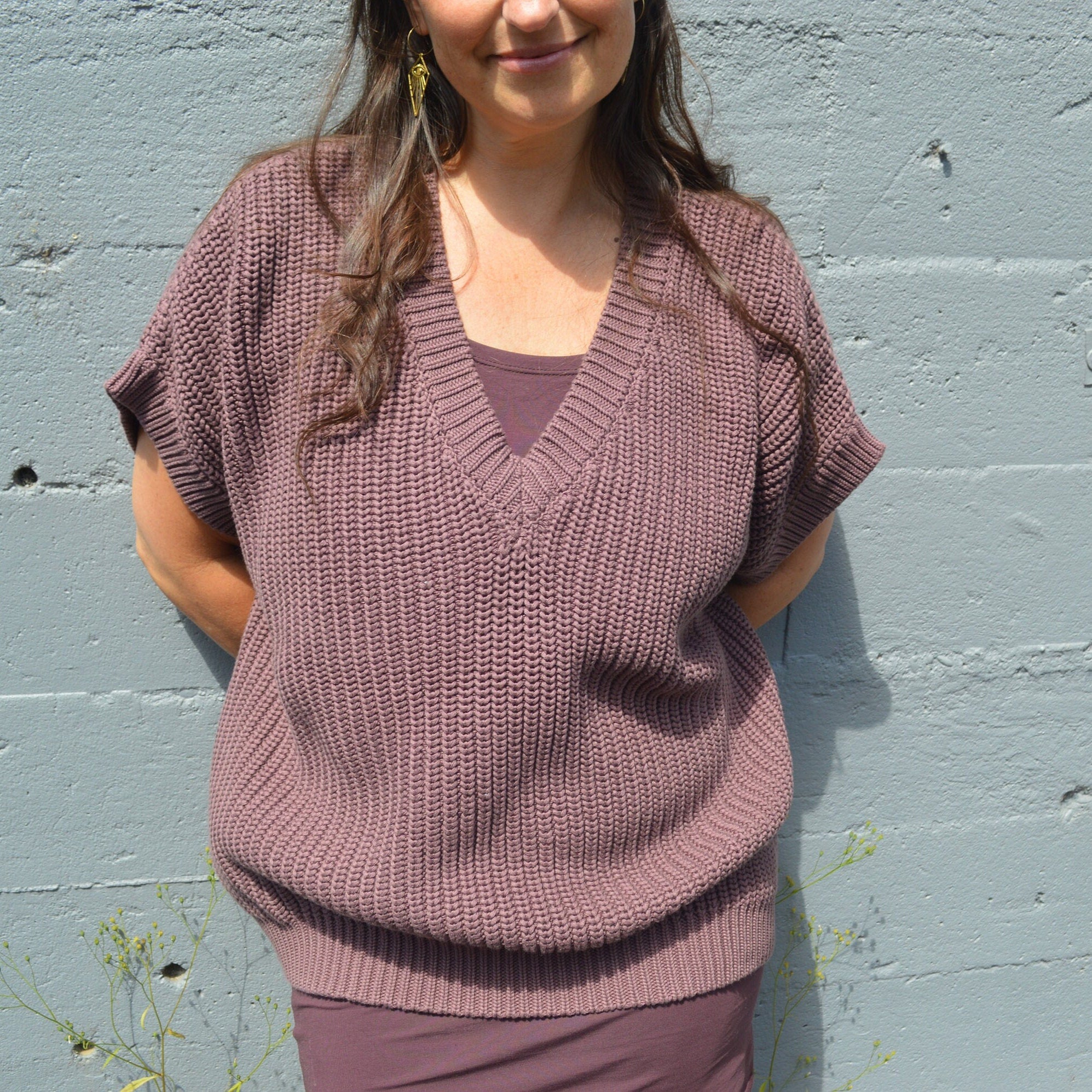 Viva Vest - Organic cotton oversized sweater vest - thick cotton v neck sweater with short sleeves