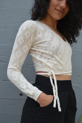 Diamonte Sweater Wrap - organic cotton wrap sweater with diamond lace knit - tie sweater