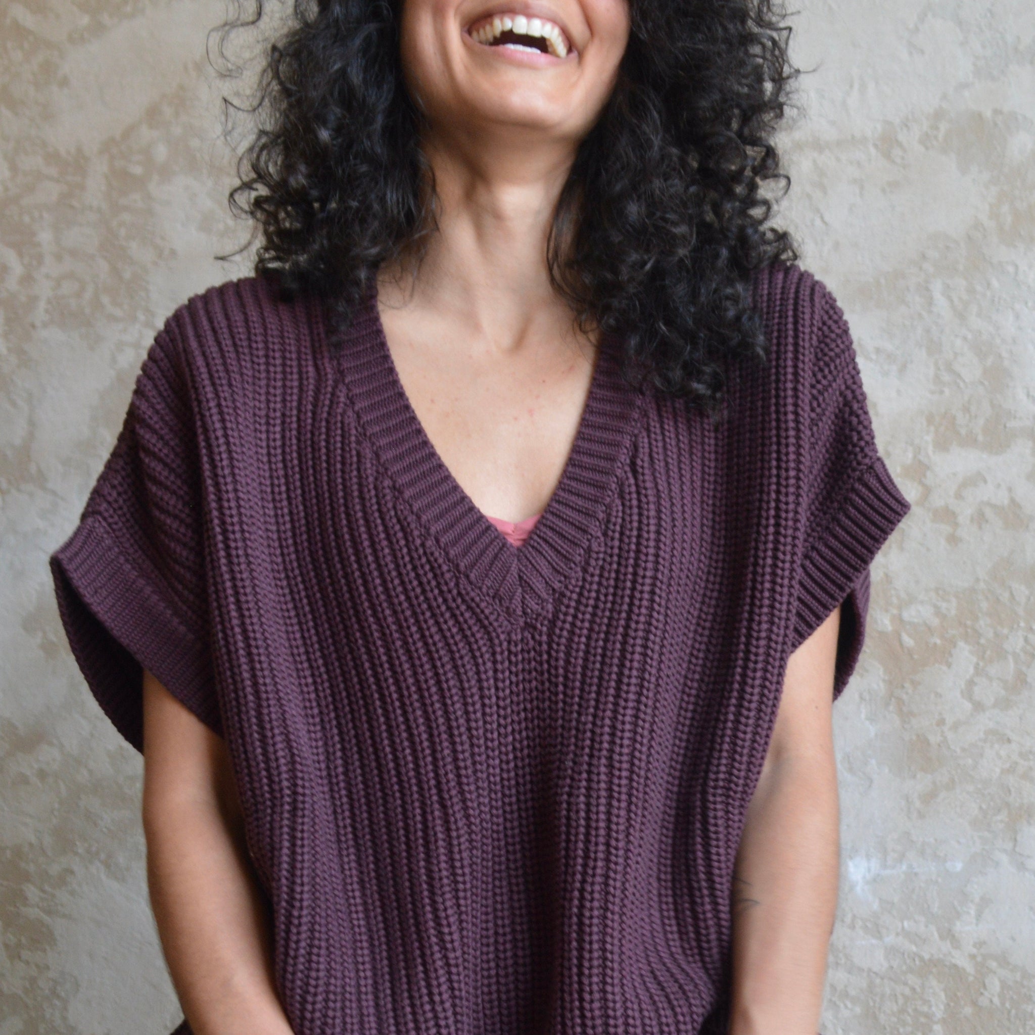 Viva Vest - Organic cotton oversized sweater vest - thick cotton v neck sweater with short sleeves