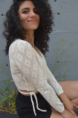 Diamonte Sweater Wrap - organic cotton wrap sweater with diamond lace knit - tie sweater