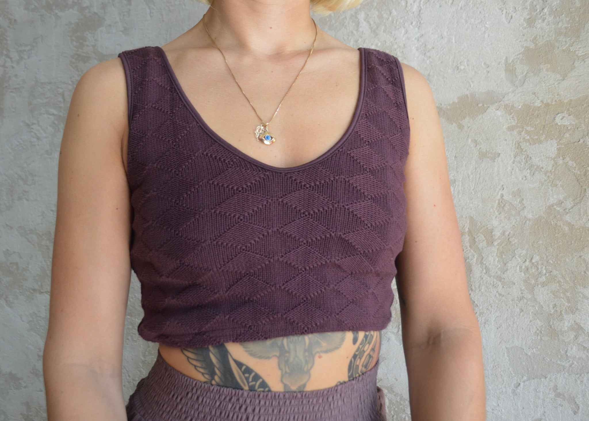 Diamond Knit Crop Top - Organic cotton sweater knit crop top fully lined - stretchy soft v-neck