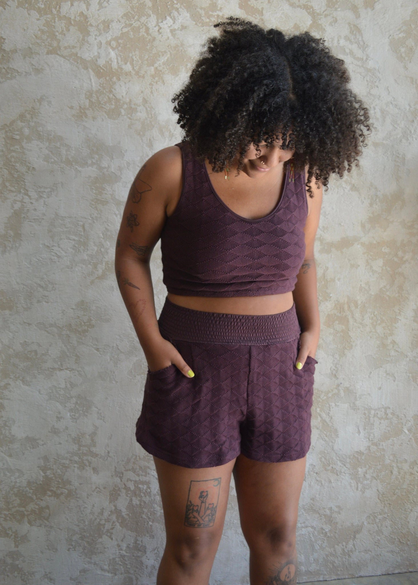 Diamond Knit Sweater Set - Shorts and crop top set from organic cotton checkerboard diamond sweater knit - cotton sweater knit set