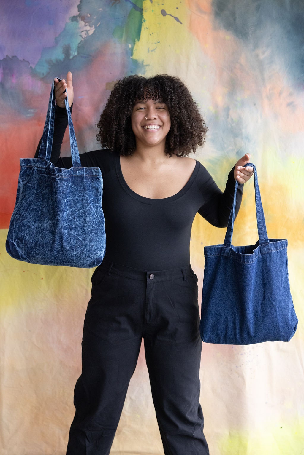 Stonewashed Denim Tote Bag - Organic Cotton Indigo Dyed Handle Bag