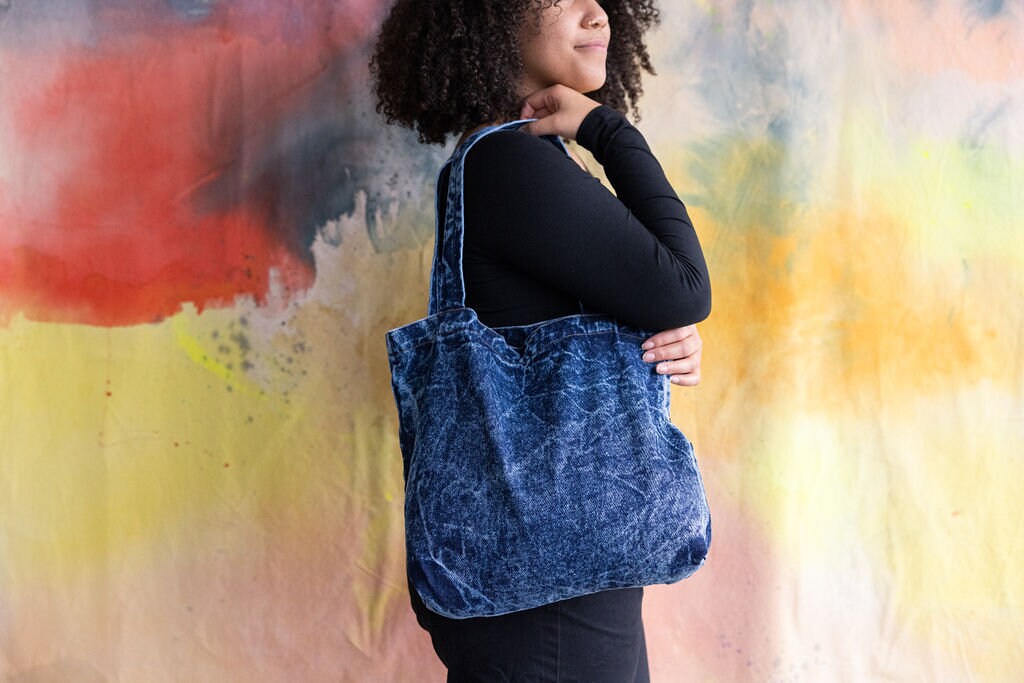 Stonewashed Denim Tote Bag - Organic Cotton Indigo Dyed Handle Bag - Jean Shopping Bag