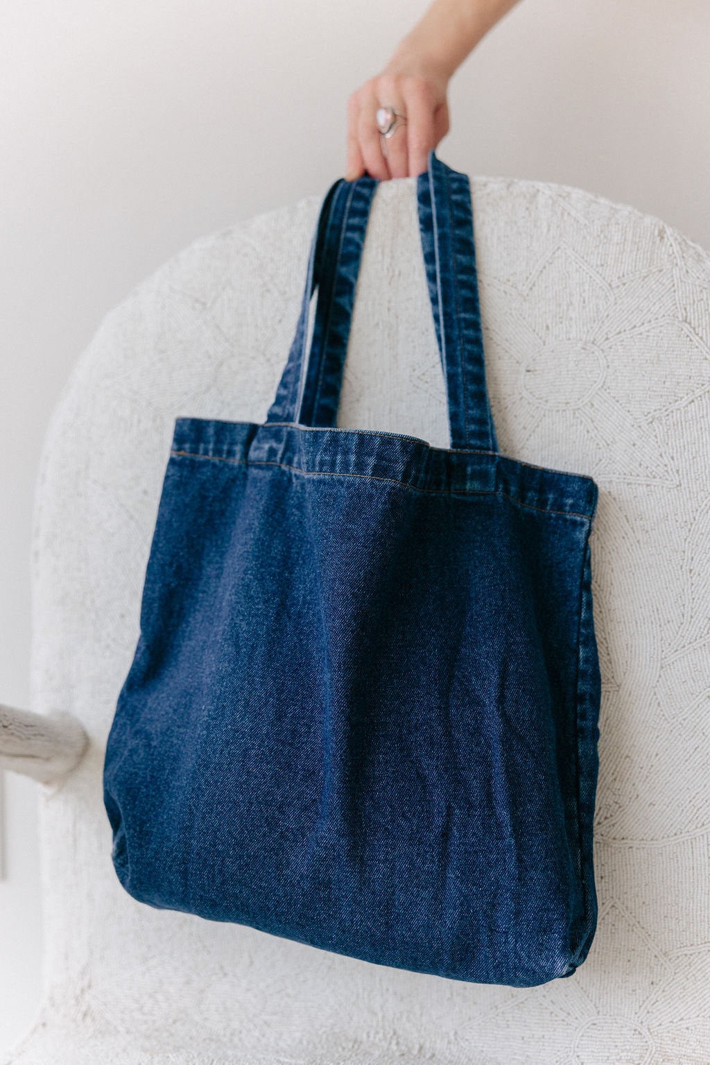 Stonewashed Denim Tote Bag - Organic Cotton Indigo Dyed Handle Bag - Jean Shopping Bag