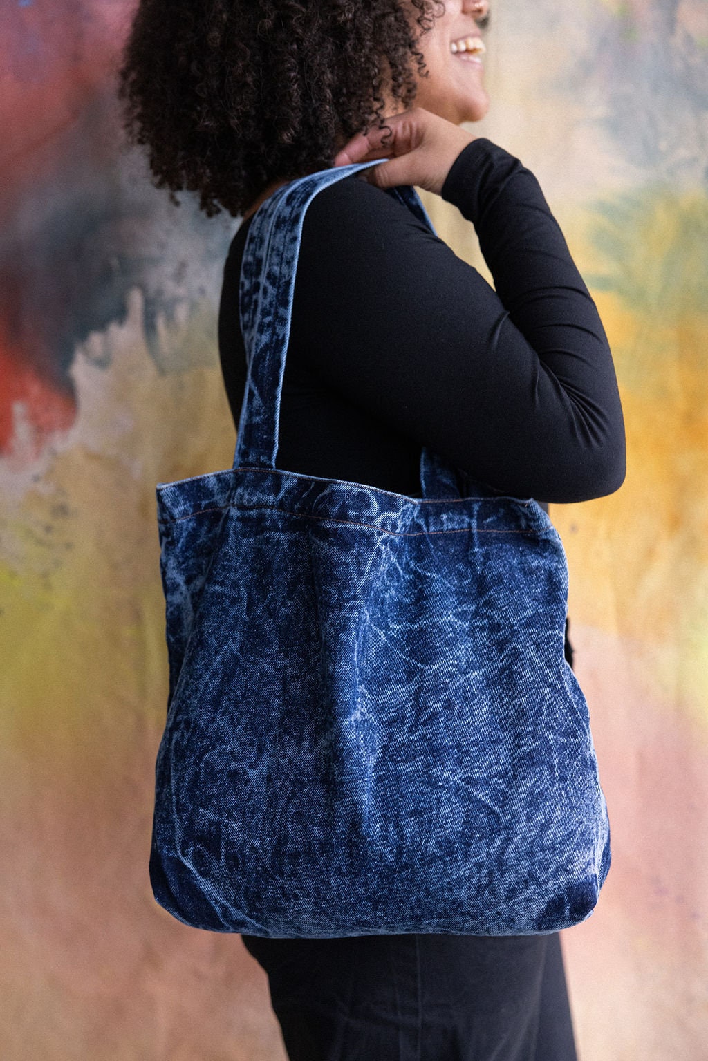 Stonewashed Denim Tote Bag - Organic Cotton Indigo Dyed Handle Bag