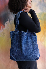 Stonewashed Denim Tote Bag - Organic Cotton Indigo Dyed Handle Bag - Jean Shopping Bag