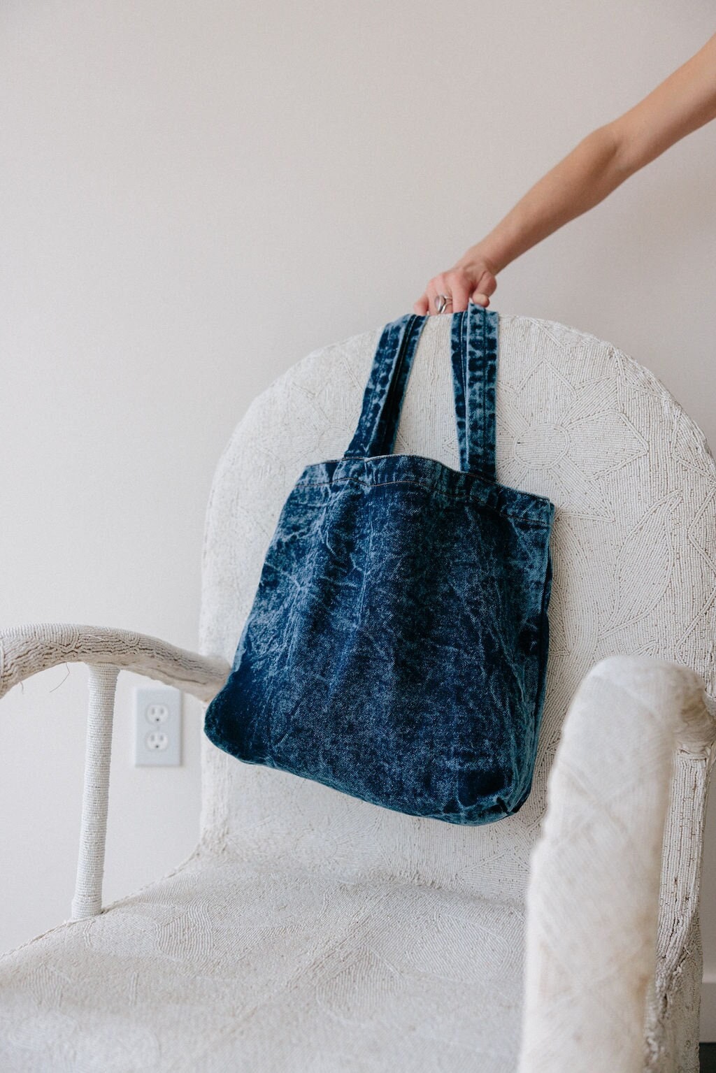 Stonewashed Denim Tote Bag - Organic Cotton Indigo Dyed Handle Bag - Jean Shopping Bag