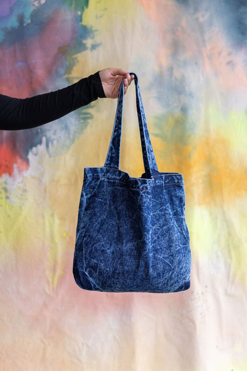 Stonewashed Denim Tote Bag - Organic Cotton Indigo Dyed Handle Bag - Jean Shopping Bag
