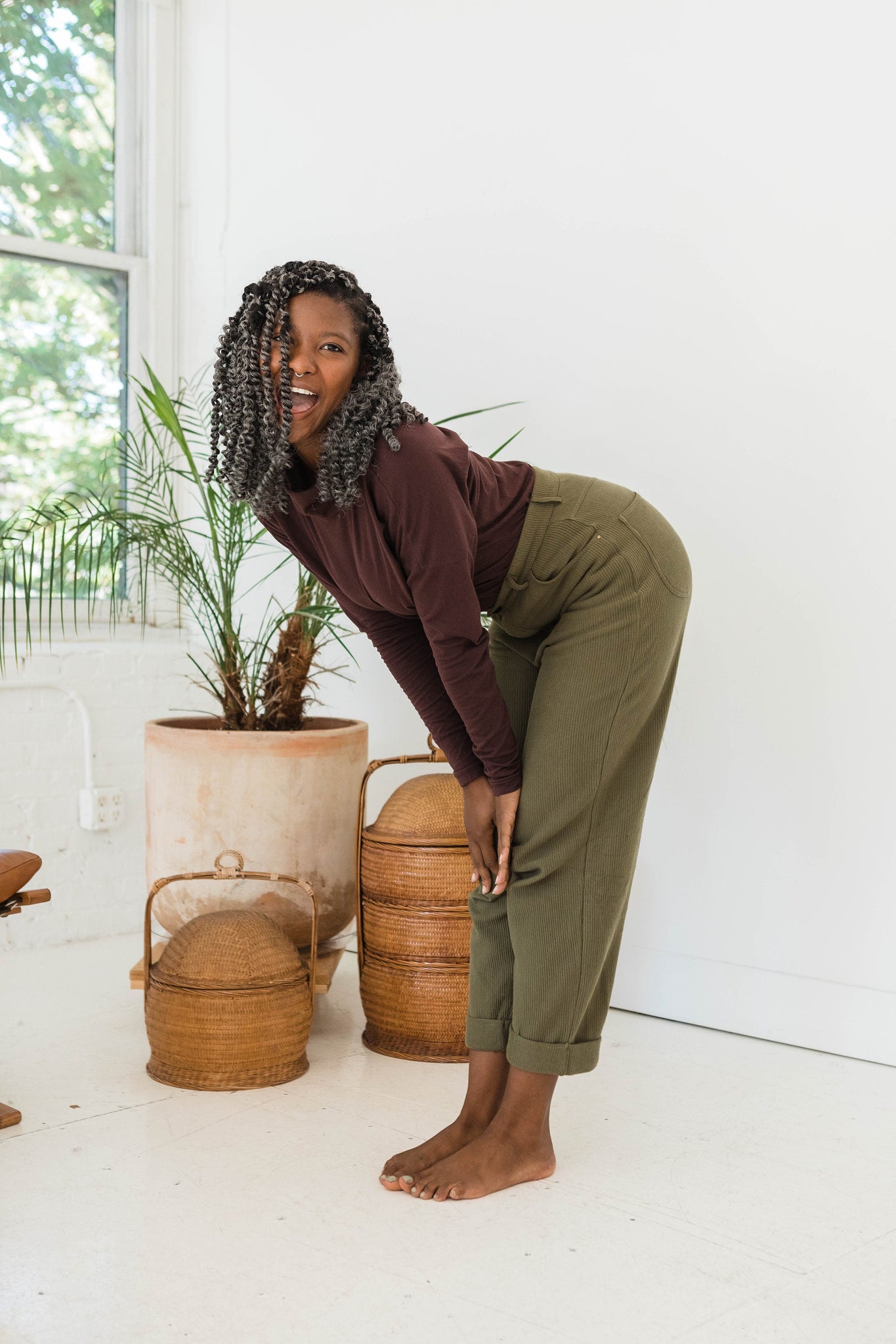 High Rise Corduroy Pants - 100% organic cotton knit corduroy high waisted pants with rolled cuff - pockets