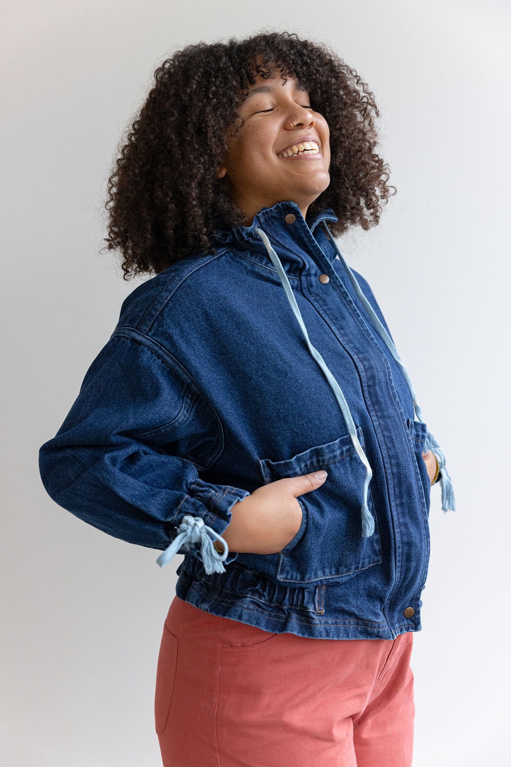 Stonewashed Jean Jacket - organic cotton indigo dyed denim zipper jacket with four pockets and a high collar snaps - bomber jacket