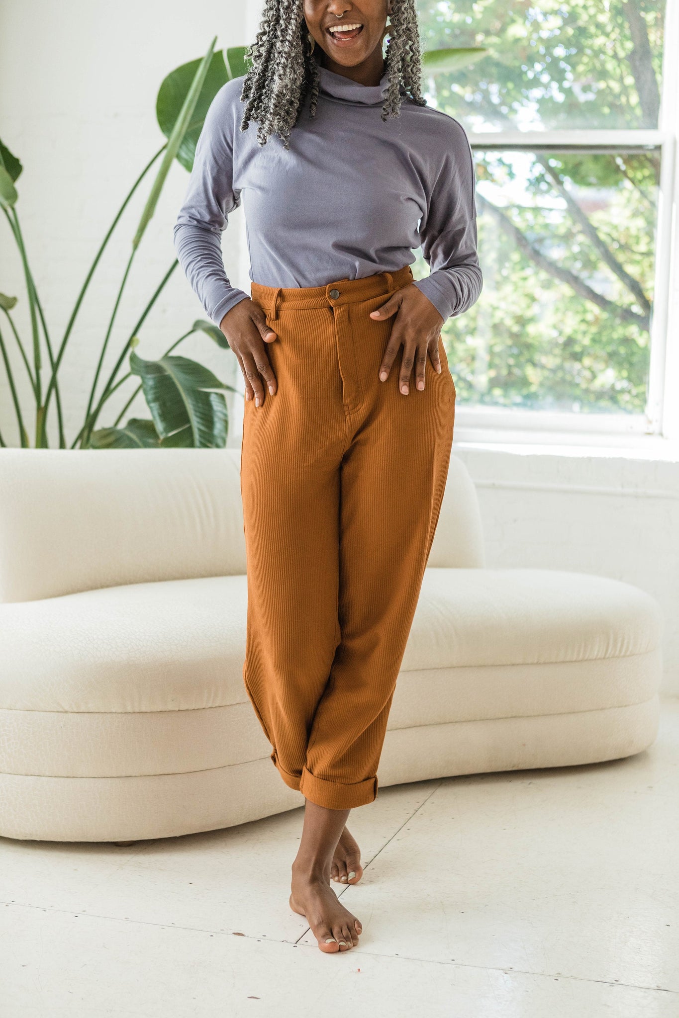 High Rise Corduroy Pants - 100% organic cotton knit corduroy high waisted pants with rolled cuff - pockets