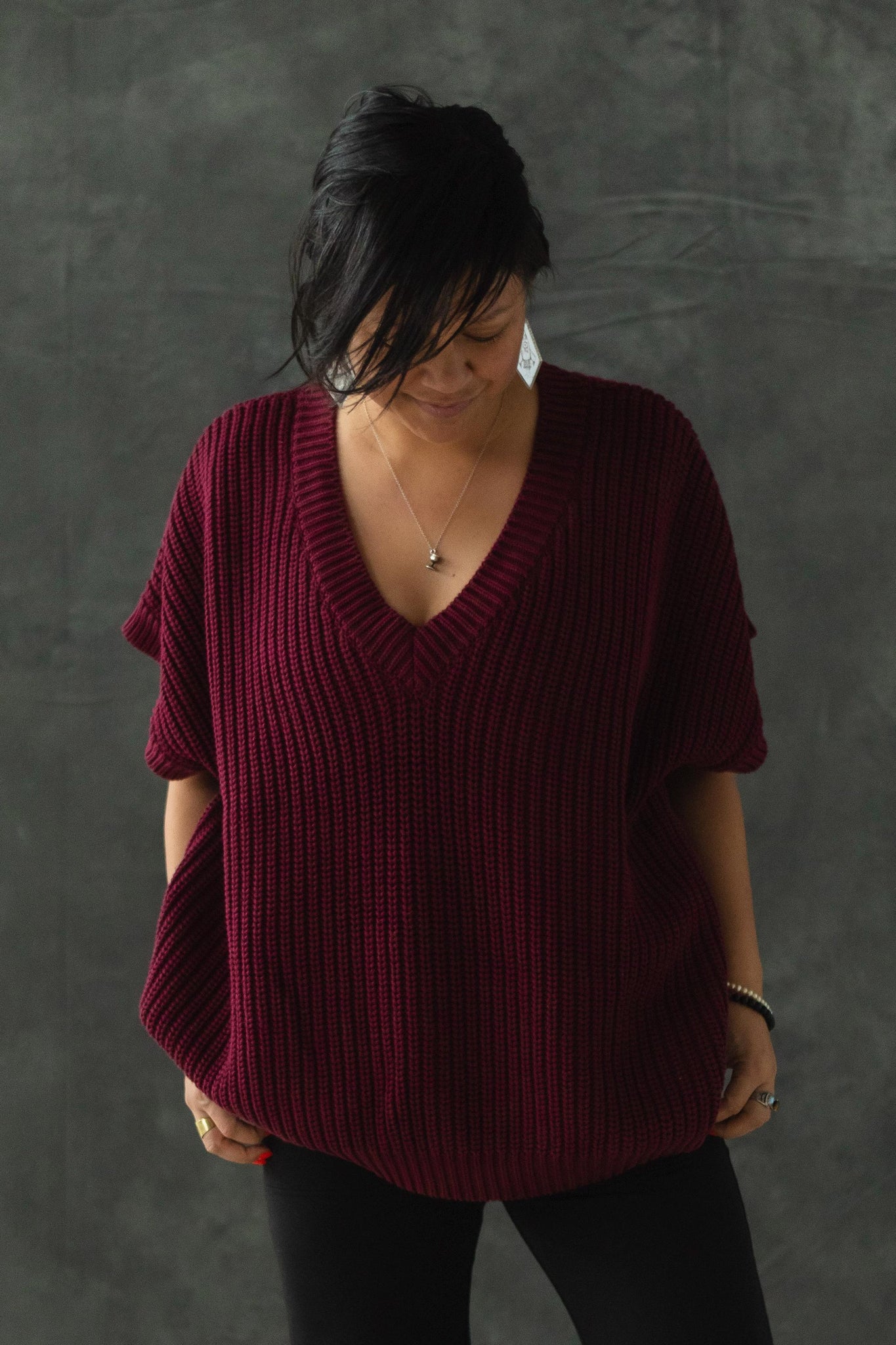 Viva Vest - Organic cotton oversized sweater vest - thick cotton v neck sweater with short sleeves