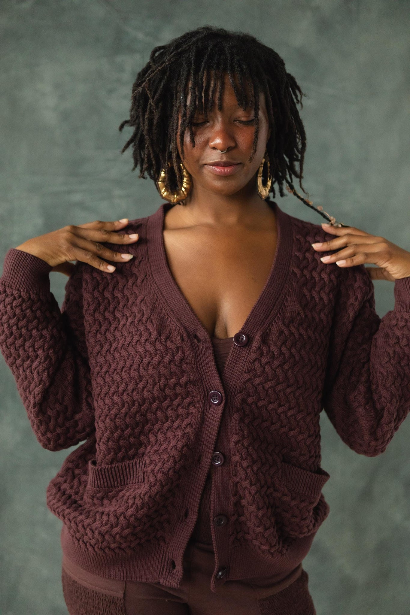 Basketweave Button Down Sweater - one hundred percent organic cotton thick cardigan - pockets