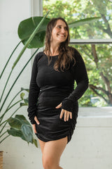 Velvet Fiesta Dress - Gorgeous cozy velvet ruched mini dress with thumb holes