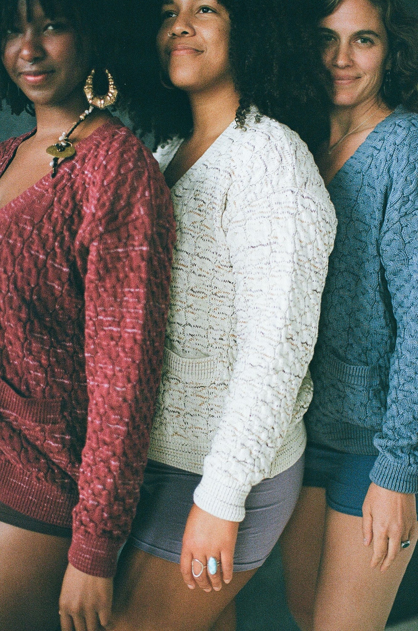 Zigzag Button Sweater - organic cotton sweater with pockets deep V neckline - featuring 3 colors of yarn
