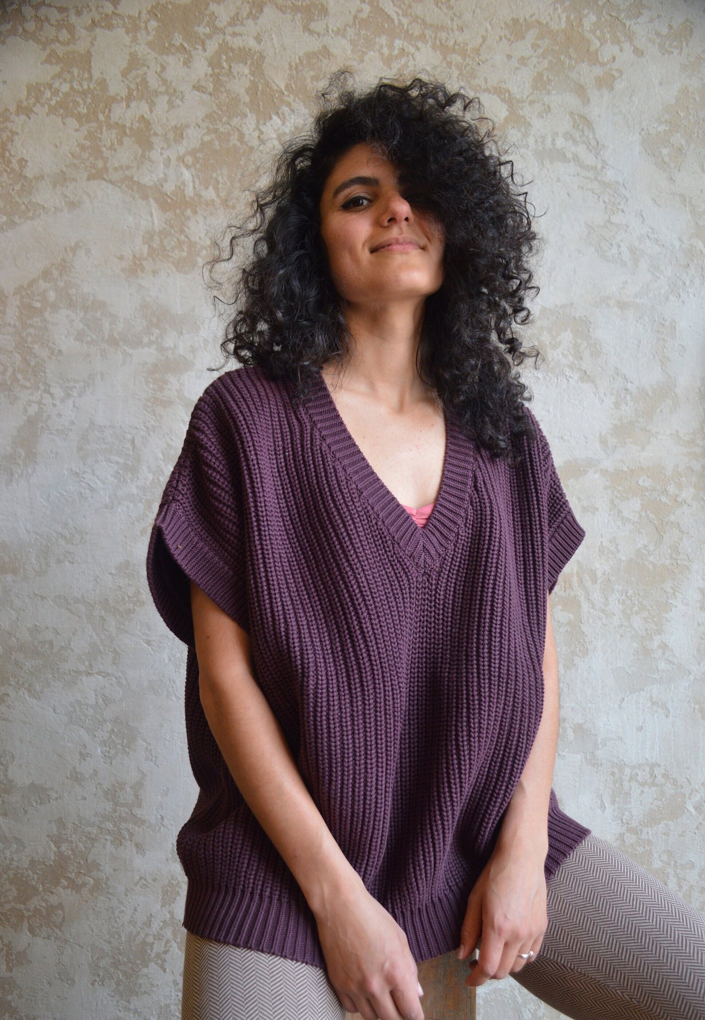 Viva Vest - Organic cotton oversized sweater vest - thick cotton v neck sweater with short sleeves