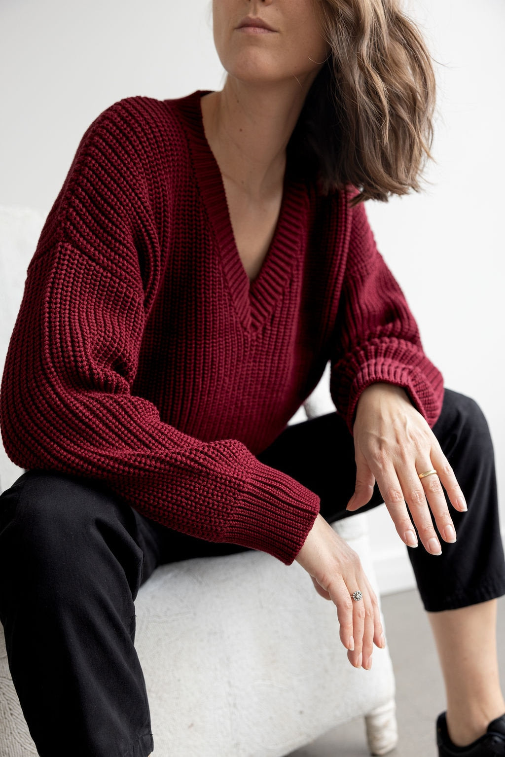 Vialla Sweater - Organic Cotton V-neck Sweater with full sleeves - heavy cotton sweater knit