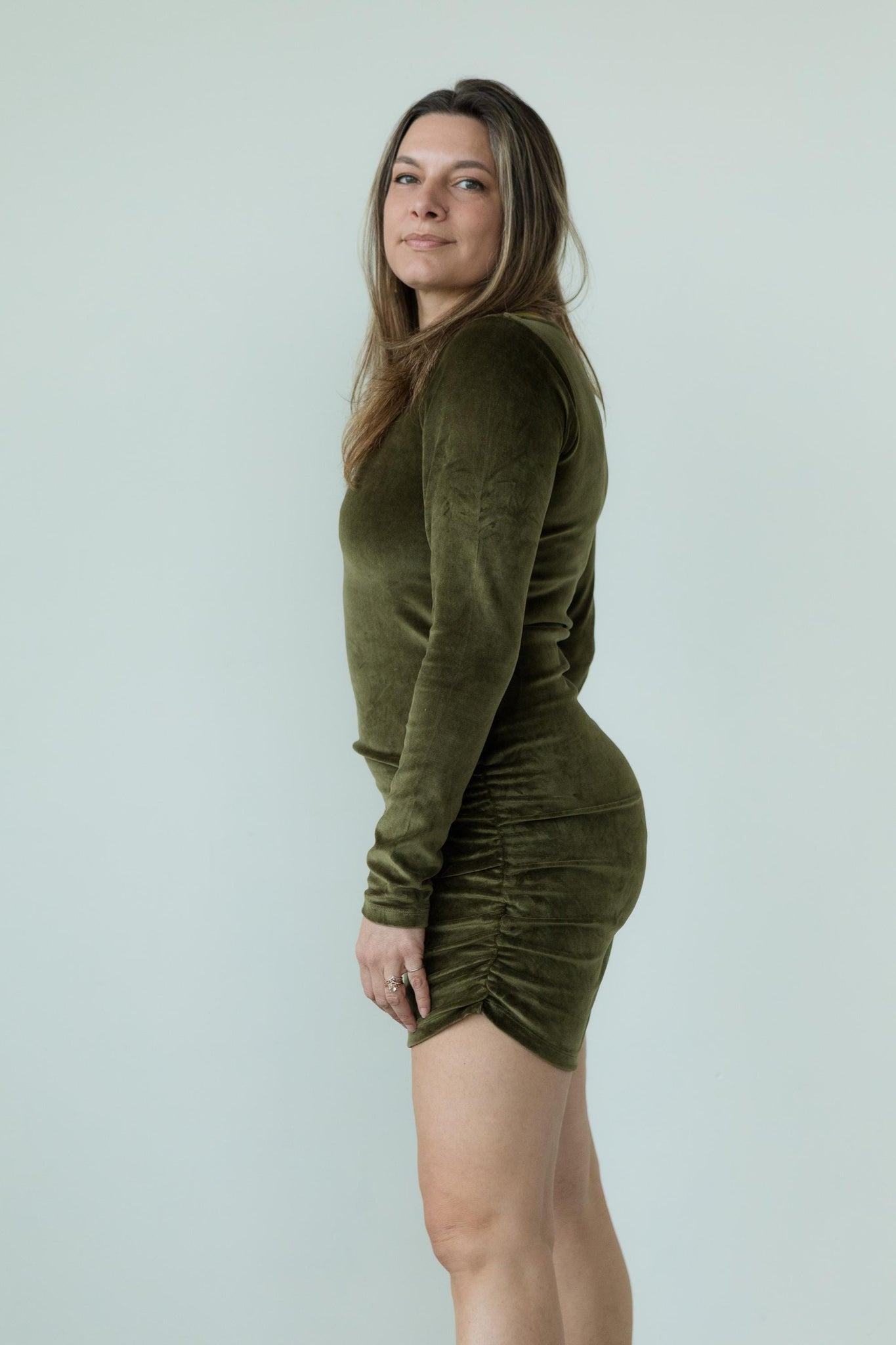 Velvet Fiesta Dress - Gorgeous cozy velvet ruched mini dress with thumb holes
