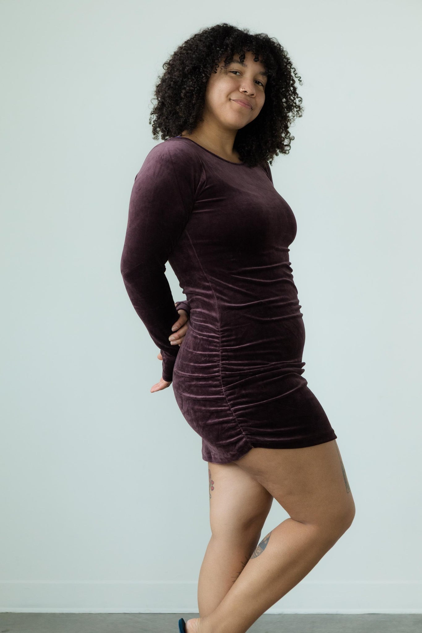 Velvet Fiesta Dress - Gorgeous cozy velvet ruched mini dress with thumb holes