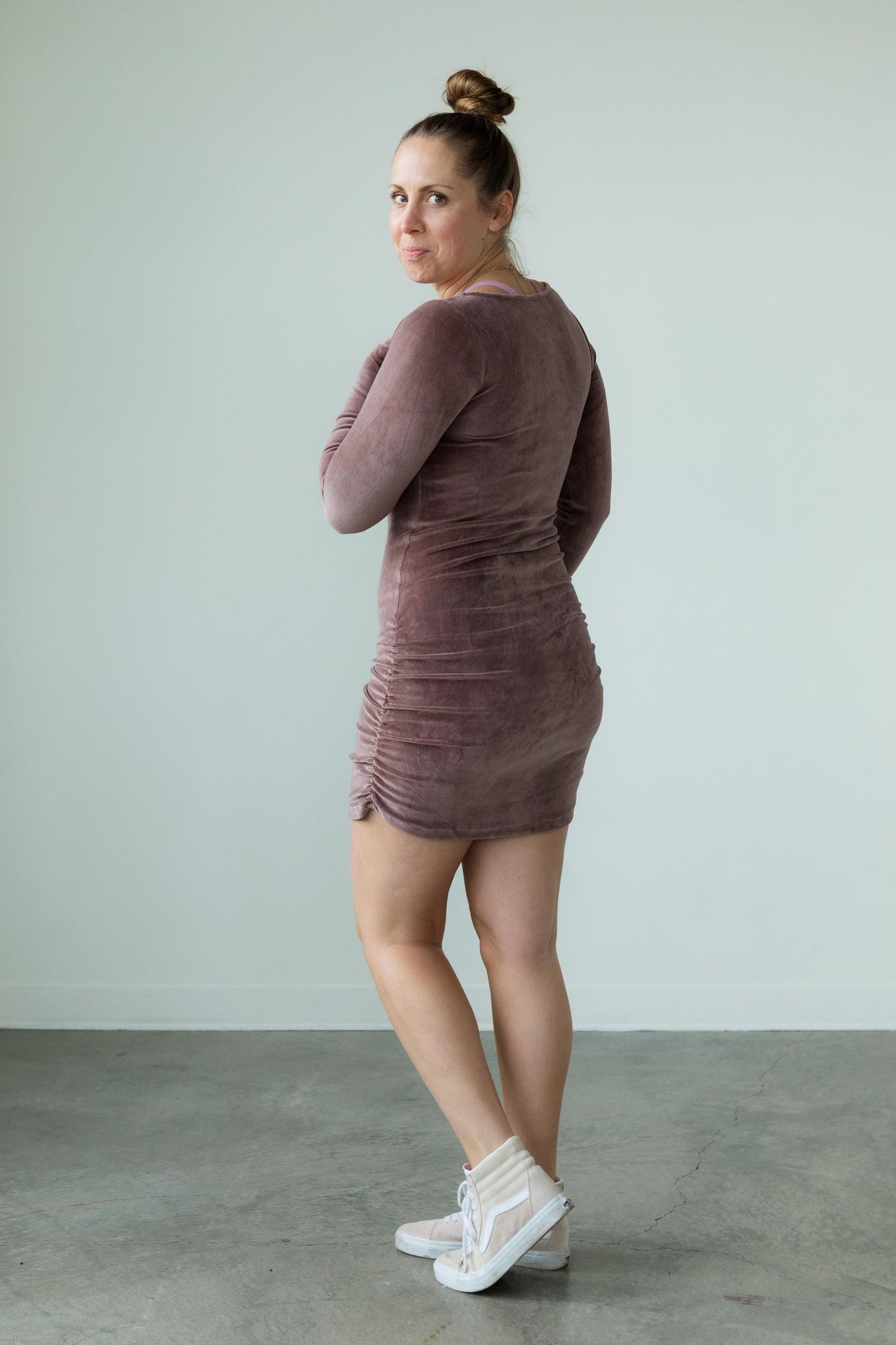 Velvet Fiesta Dress - Gorgeous cozy velvet ruched mini dress with thumb holes