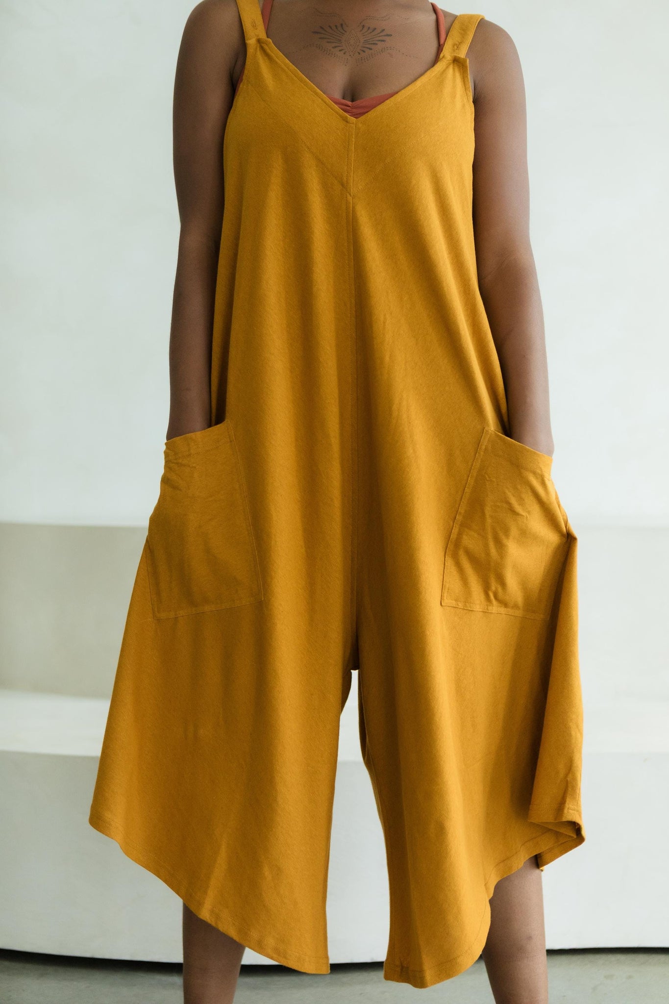 Rosa Romper - free flowing jumpsuit with pockets made from our linen organic cotton jersey material