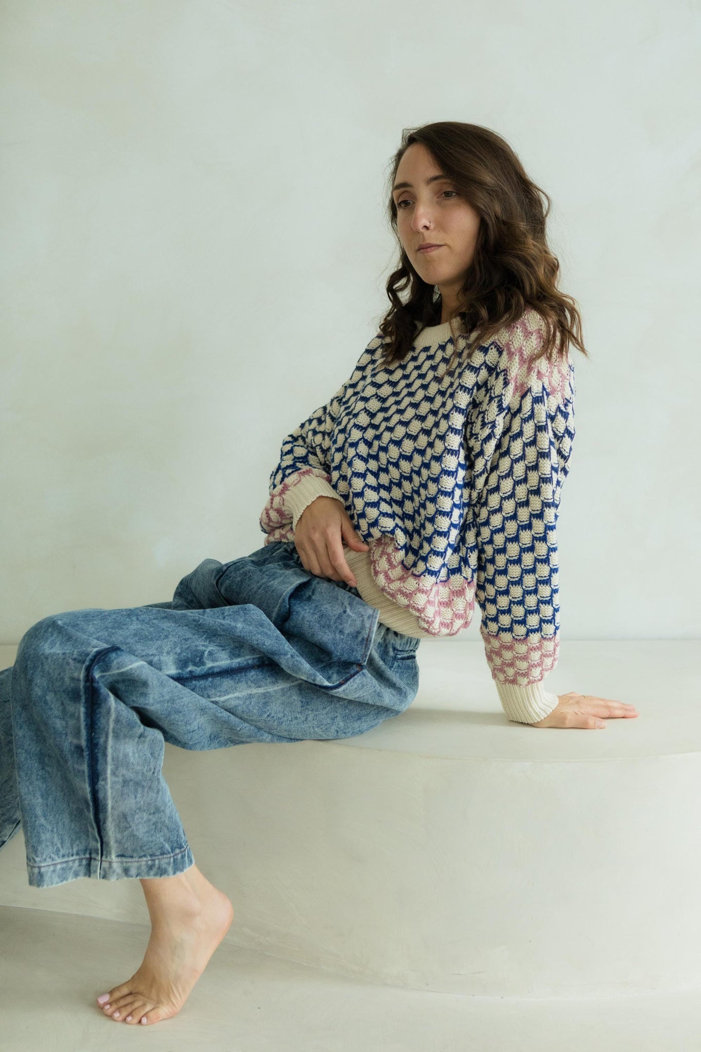 Miti Sweater - Mixed color checkerboard organic cotton crew neck sweater