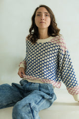 Miti Sweater - Mixed color checkerboard organic cotton crew neck sweater