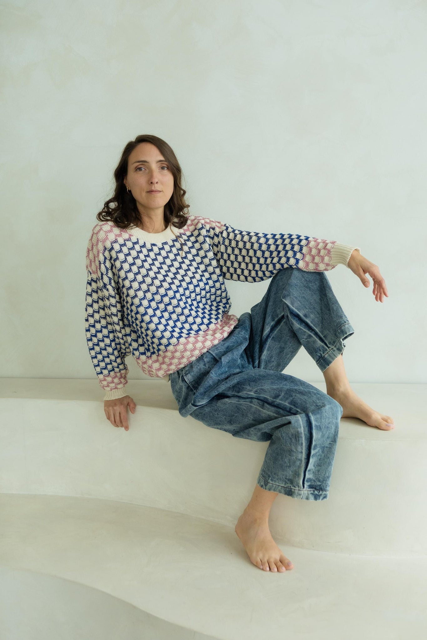 Miti Sweater - Mixed color checkerboard organic cotton crew neck sweater