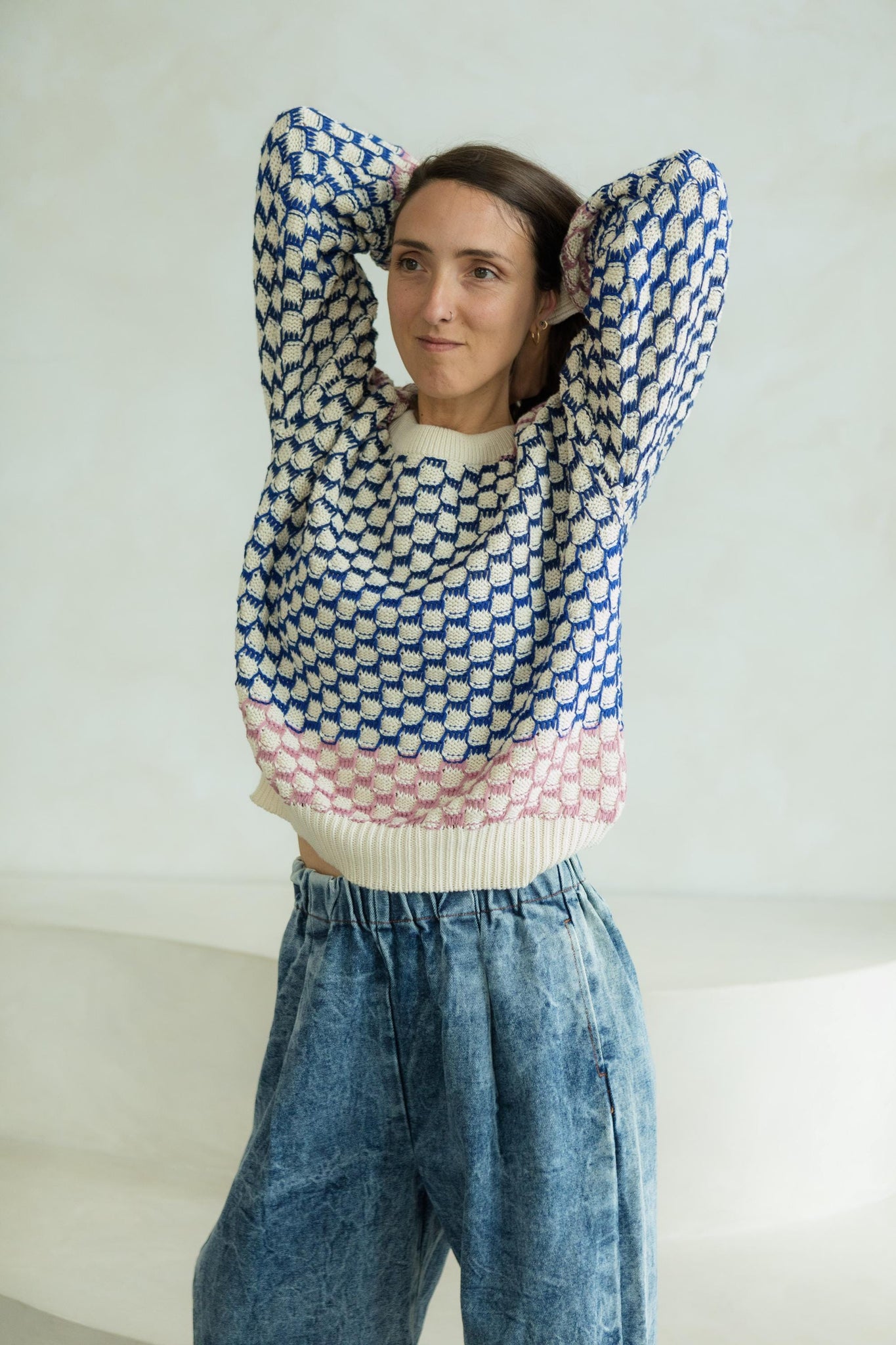 Miti Sweater - Mixed color checkerboard organic cotton crew neck sweater