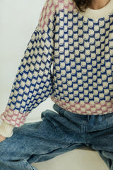 Miti Sweater - Mixed color checkerboard organic cotton crew neck sweater