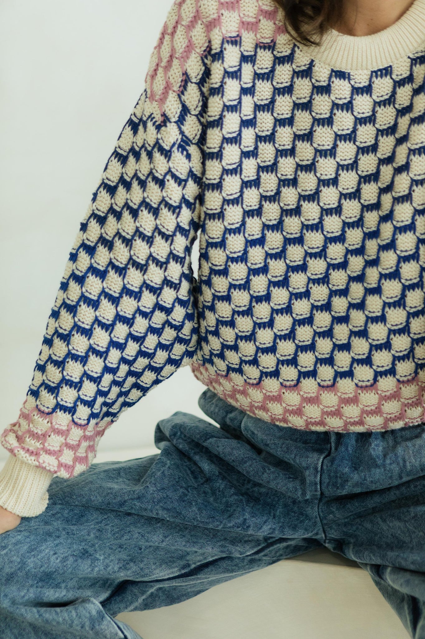 Miti Sweater - Mixed color checkerboard organic cotton crew neck sweater