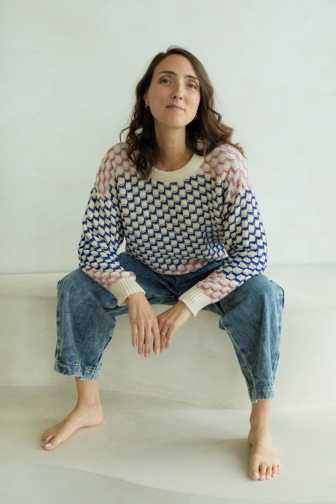 Miti Sweater - Mixed color checkerboard organic cotton crew neck sweater