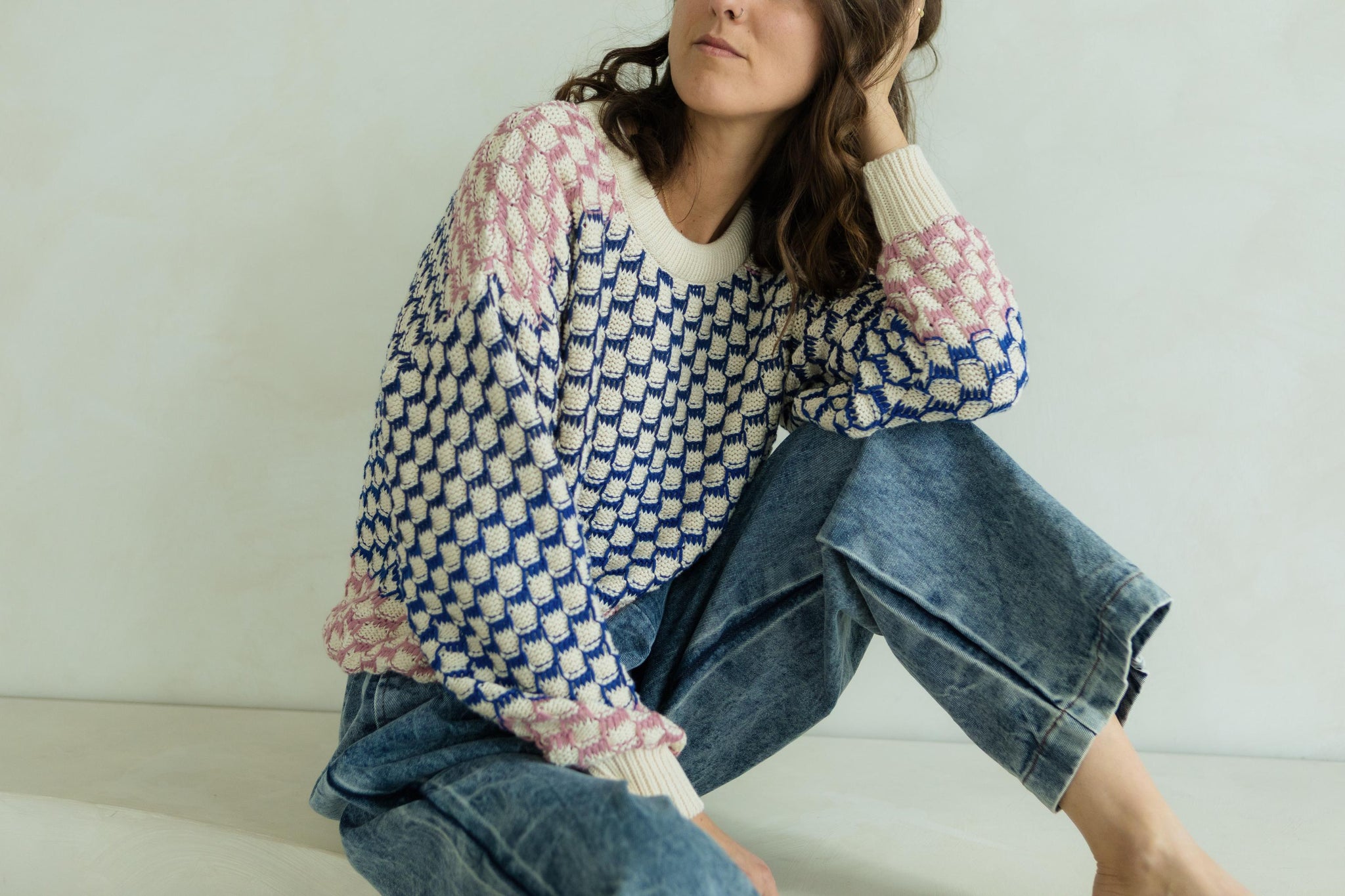 Miti Sweater - Mixed color checkerboard organic cotton crew neck sweater