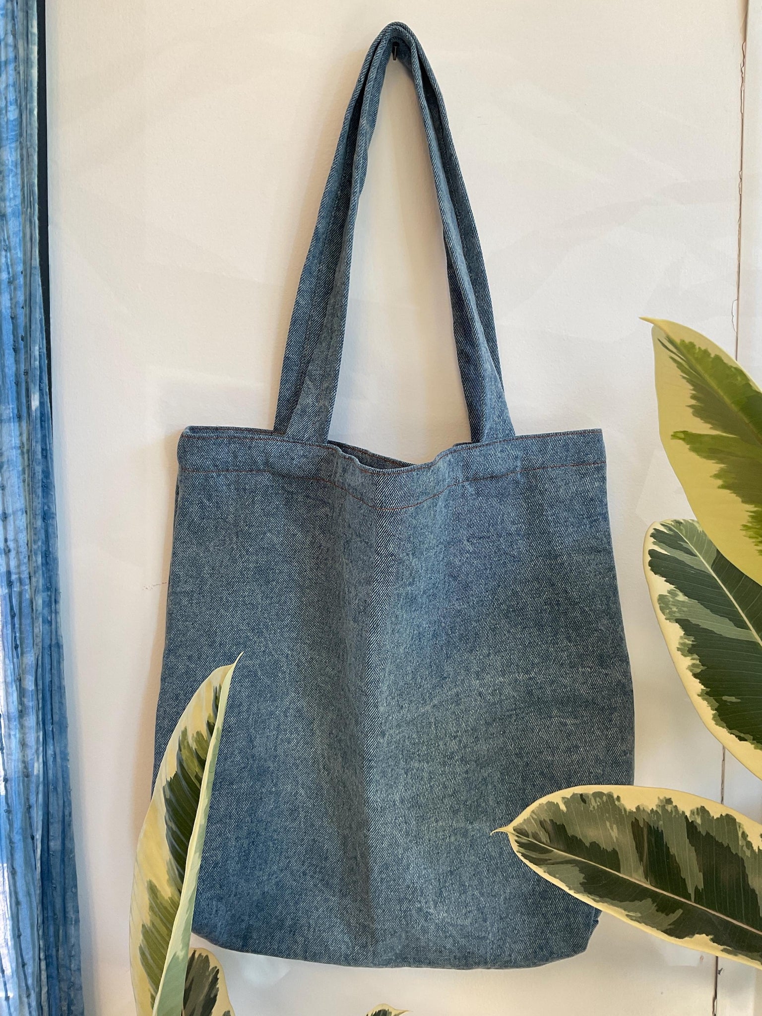 Stonewashed Denim Tote Bag - Organic Cotton Indigo Dyed Handle Bag - Jean Shopping Bag