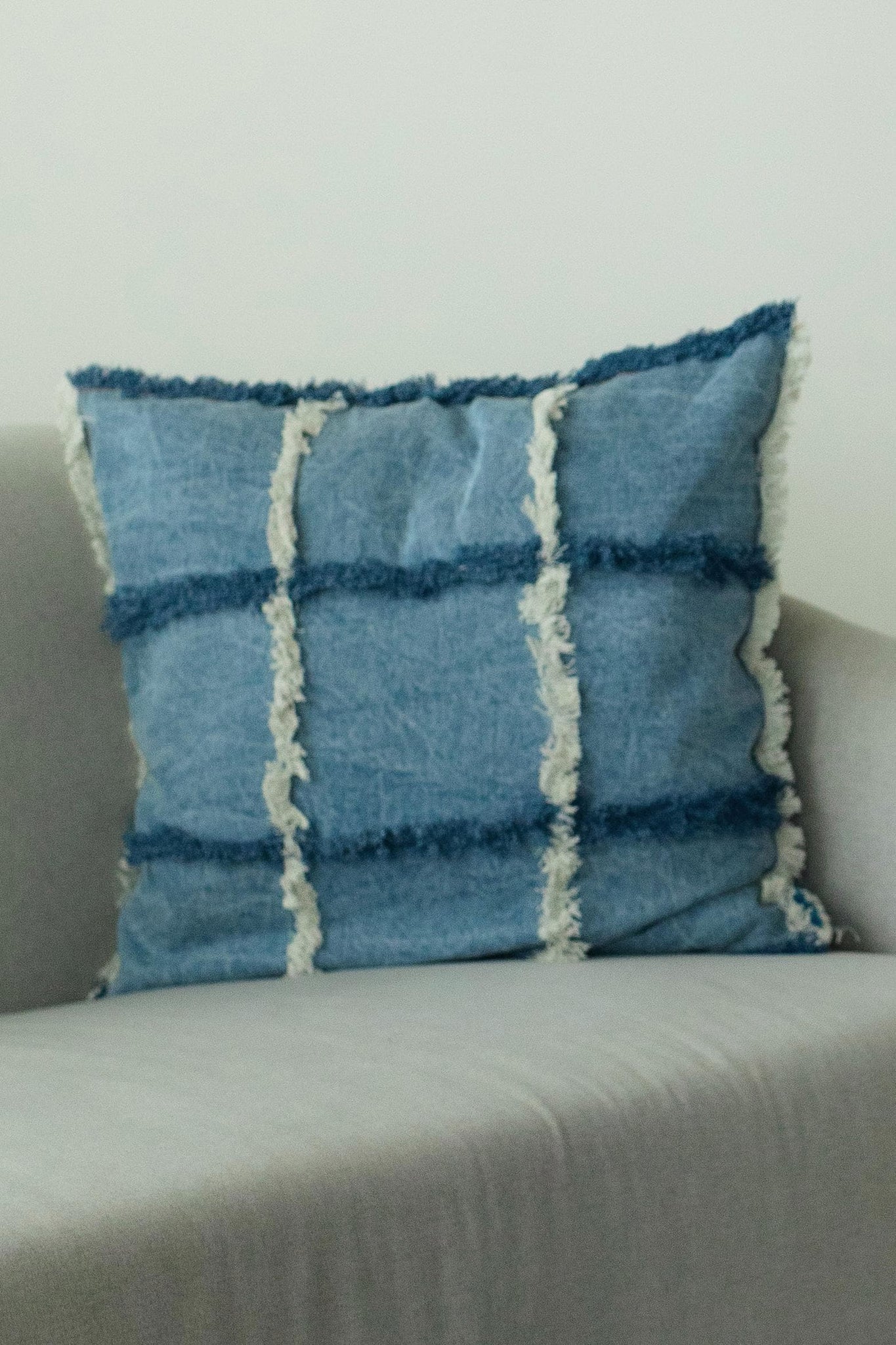 Denim Pillow - Stone washed accent pillow - full of fringe comfy and cute organic cotton pillow